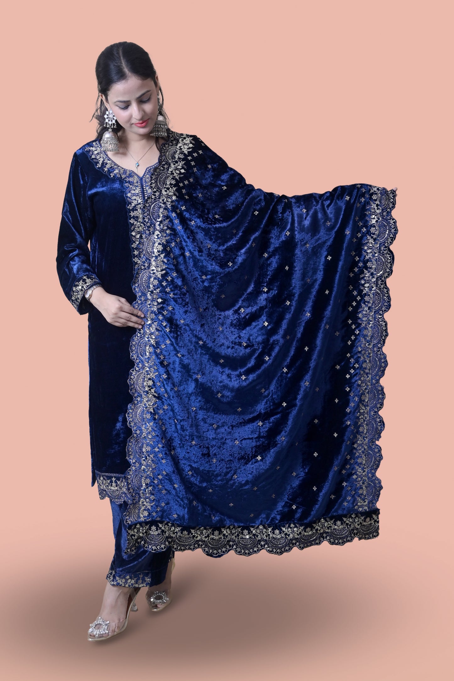 Regal Navy Blue Velvet Yoke Design Kurta Set