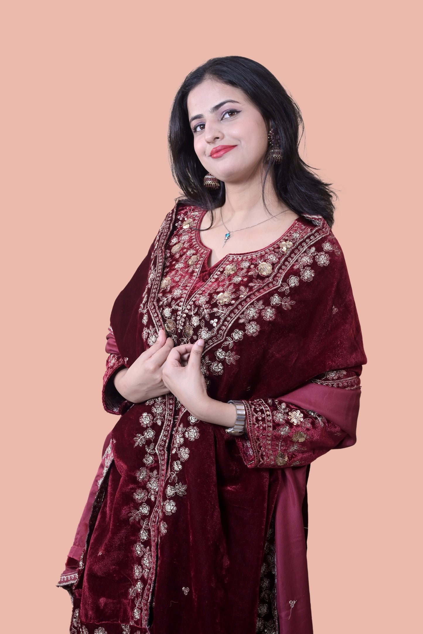 Maroon Velvet Yoke Design Kurta Set