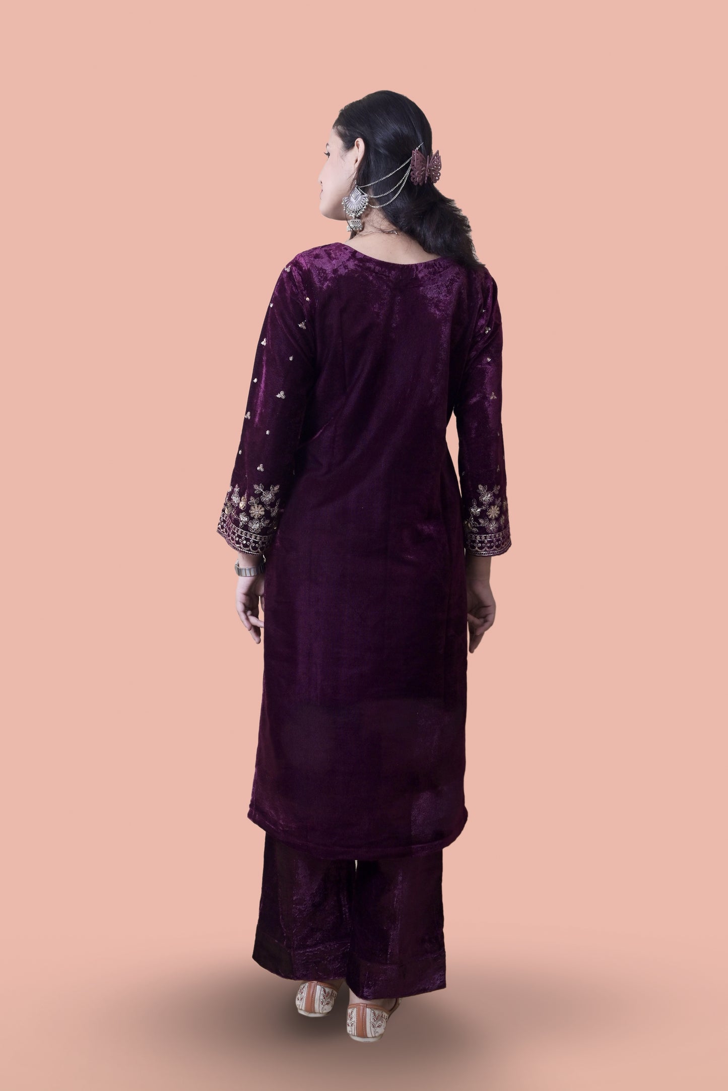 Wine Velvet Yoke Design Kurta Set