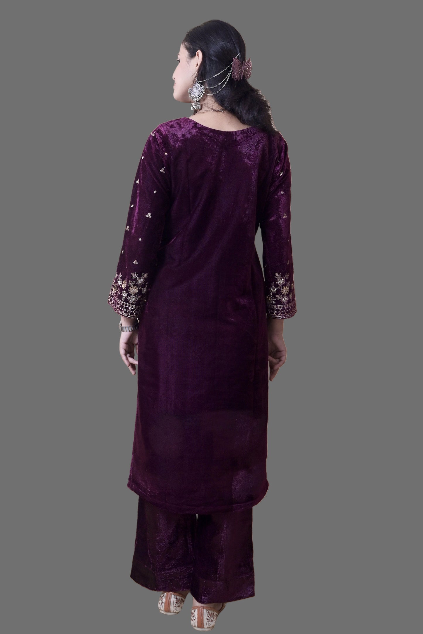 Wine Velvet Yoke Design Kurta Set