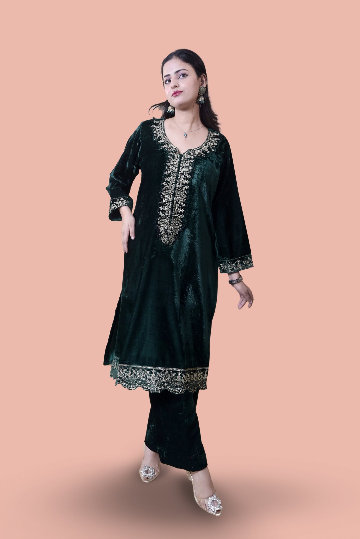 Regal Green Velvet Yoke Design Kurta Set