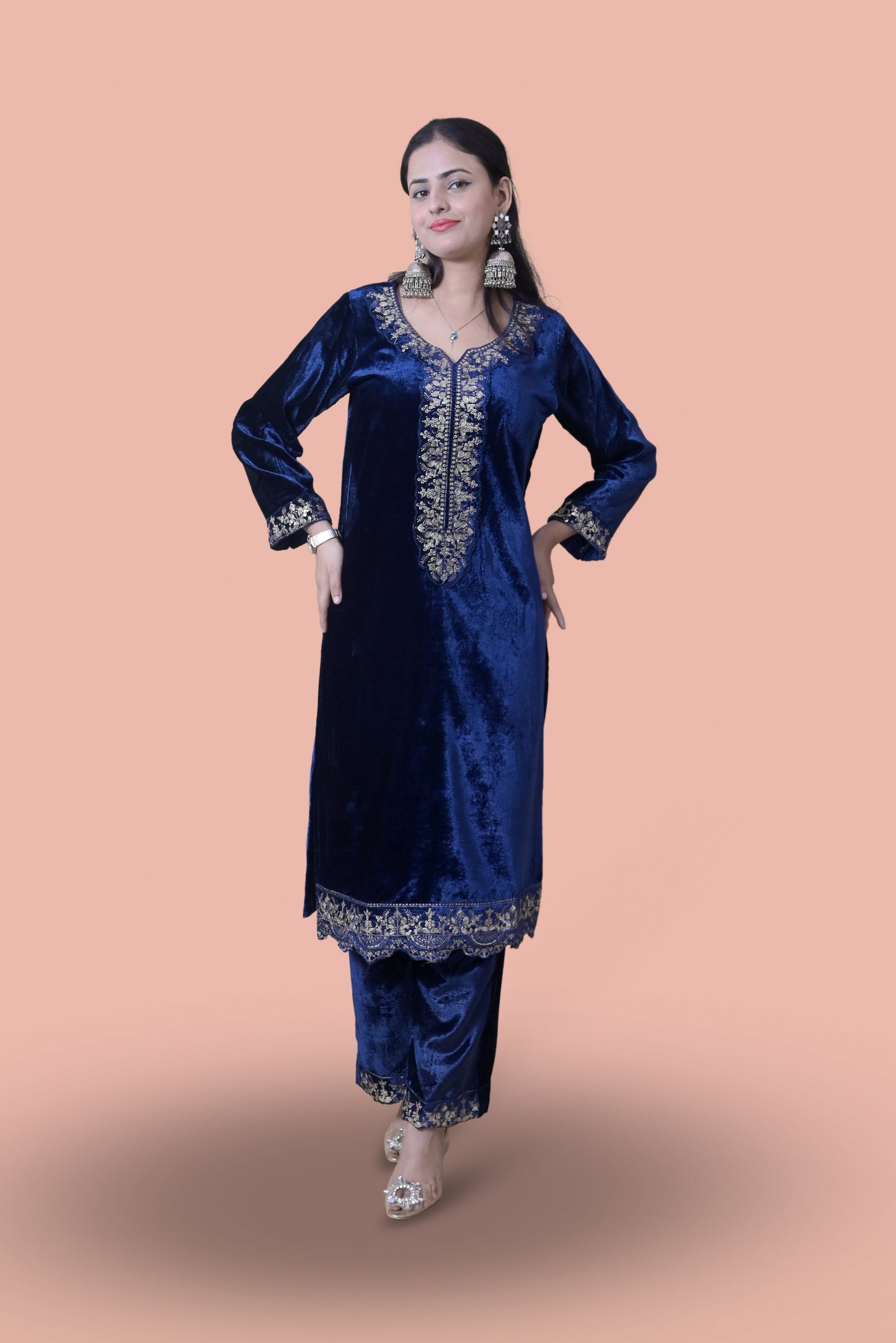 Regal Navy Blue Velvet Yoke Design Kurta Set