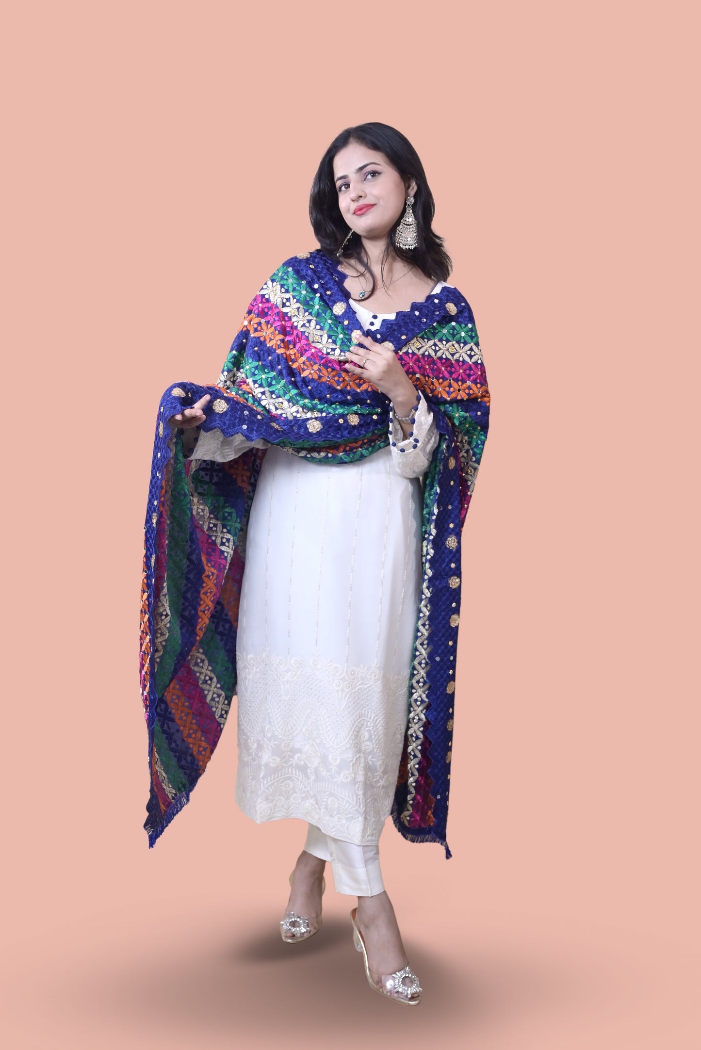 White Suit with Blue Phulkari Dupatta