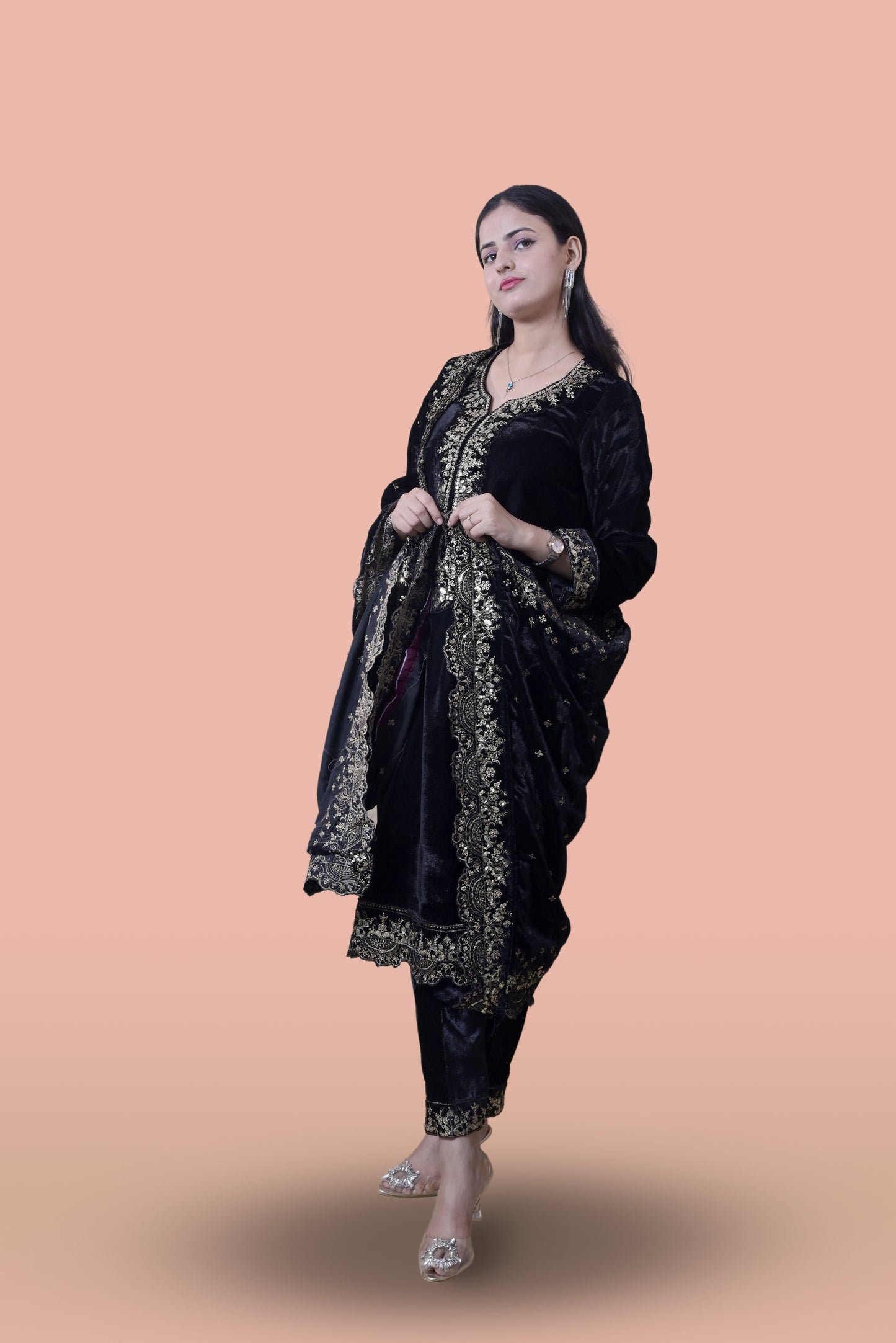 Regal Black Velvet Yoke Design Kurta Set