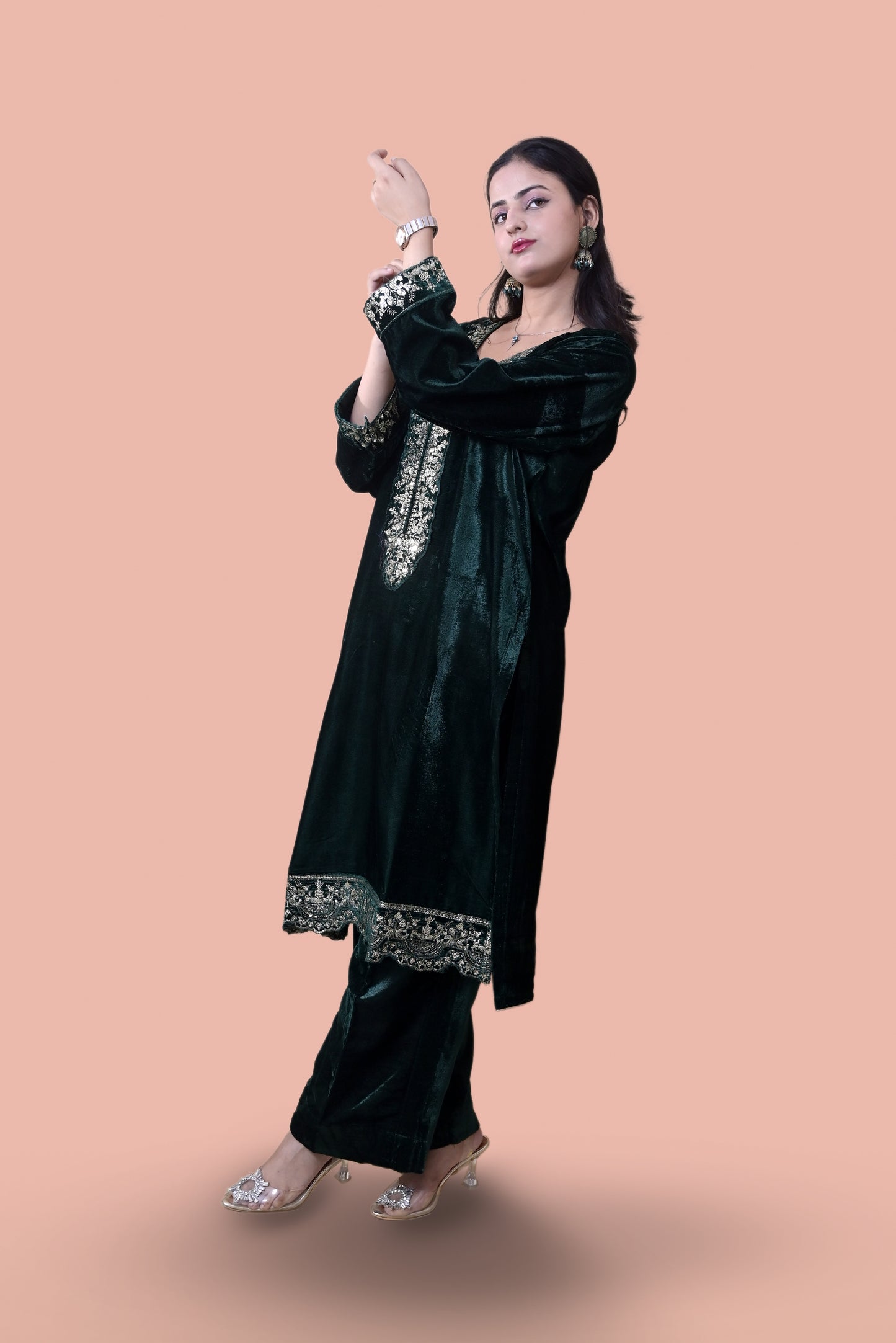 Regal Green Velvet Yoke Design Kurta Set