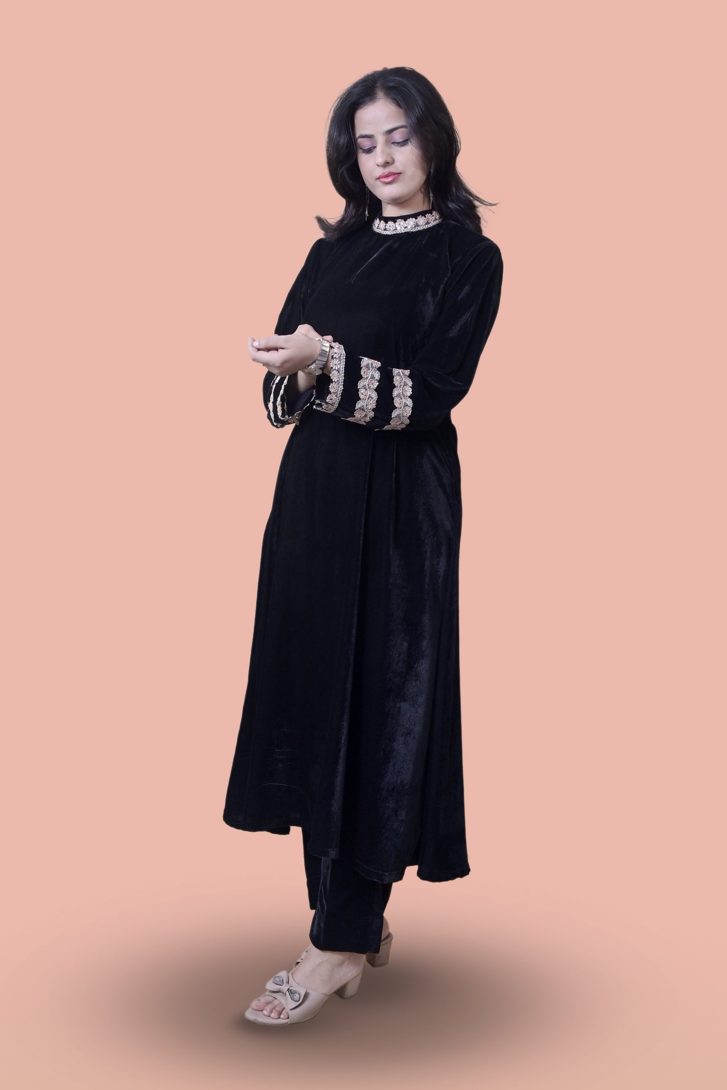 Two Piece Black Velvet Set(High Neck)