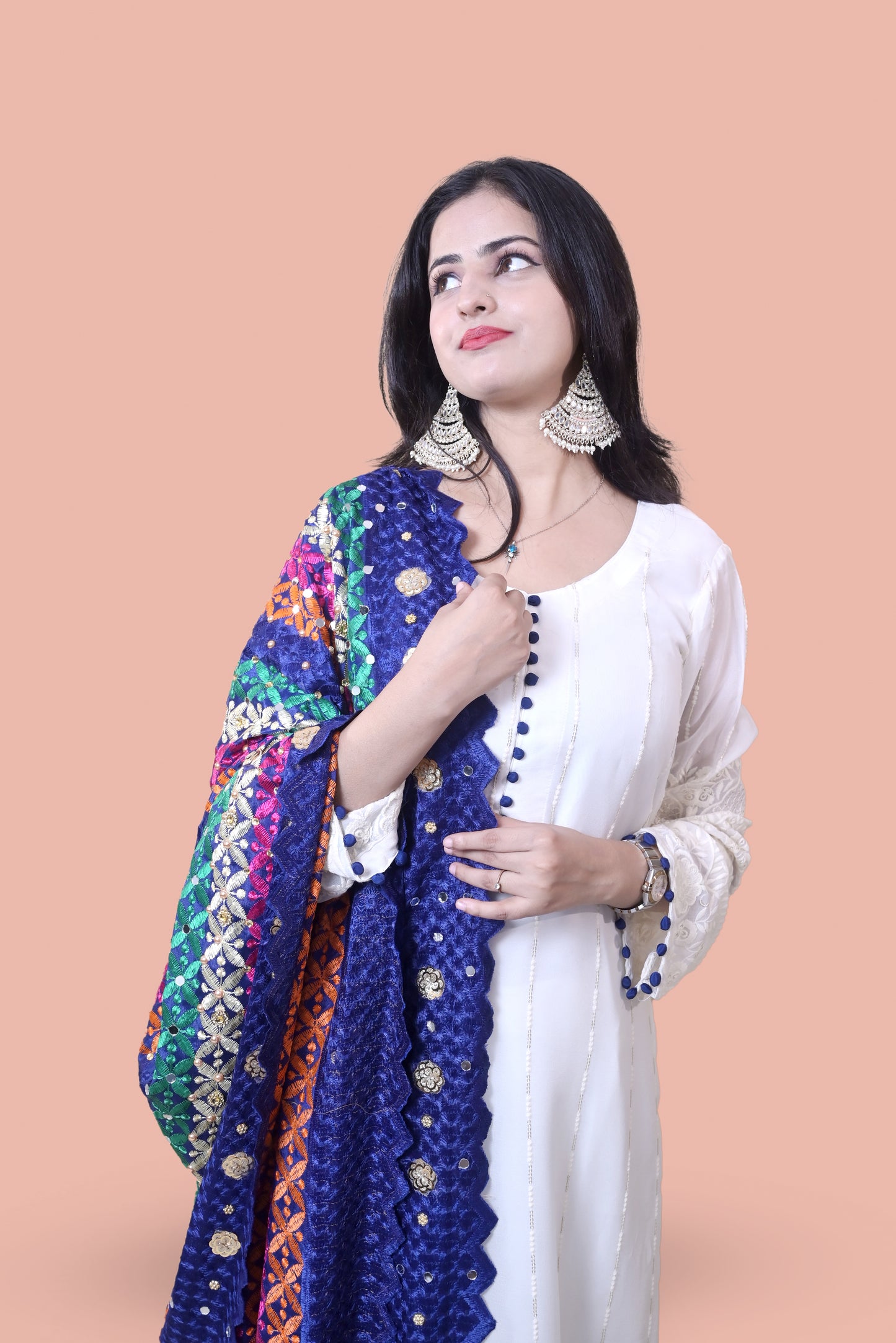 White Suit with Blue Phulkari Dupatta