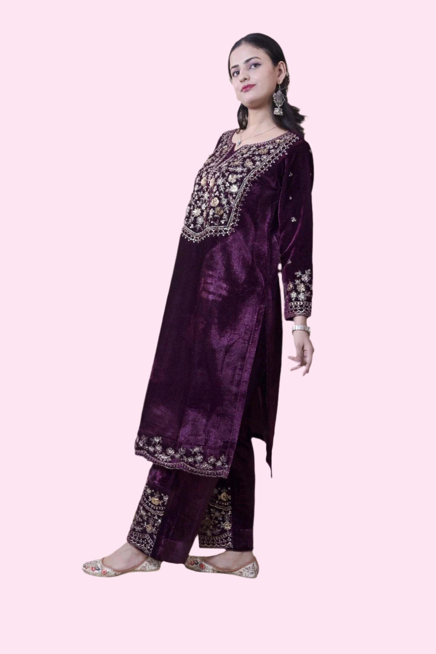 Wine Velvet Yoke Design Kurta Set