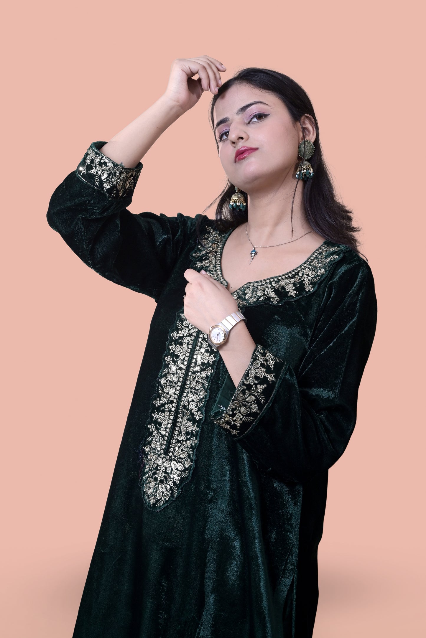 Regal Green Velvet Yoke Design Kurta Set