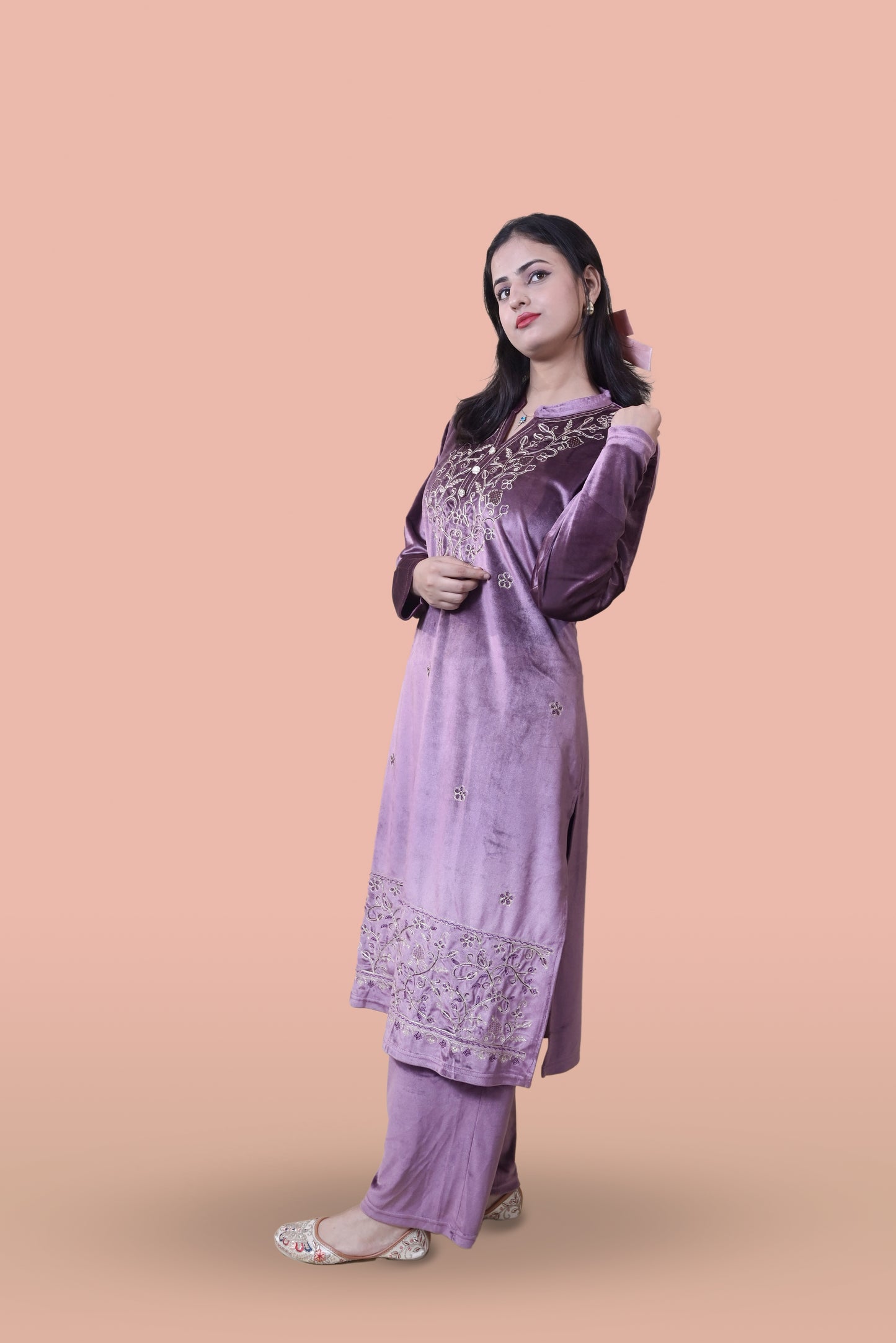 Pink Velvet Shawl Kurta Set