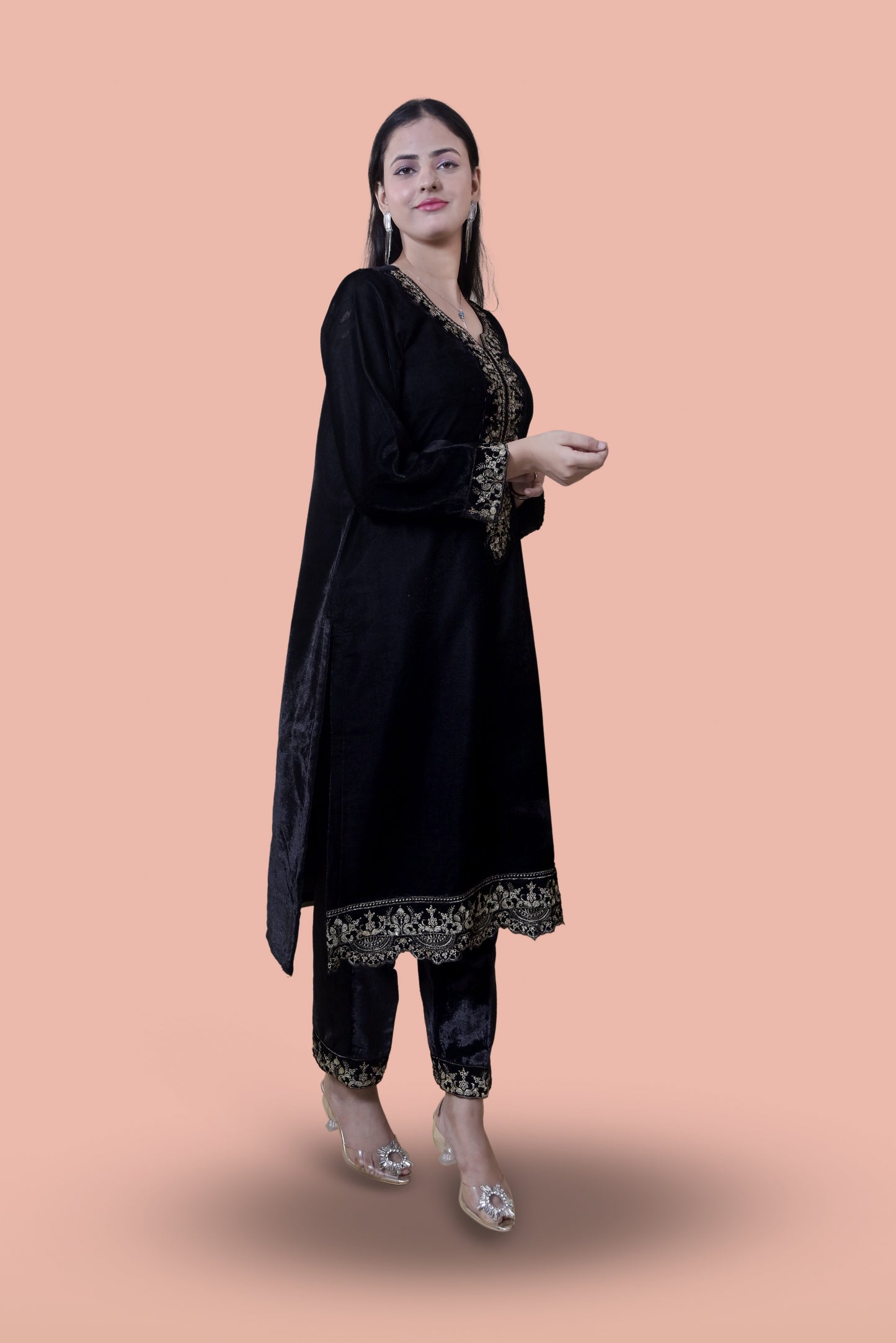 Regal Black Velvet Yoke Design Kurta Set