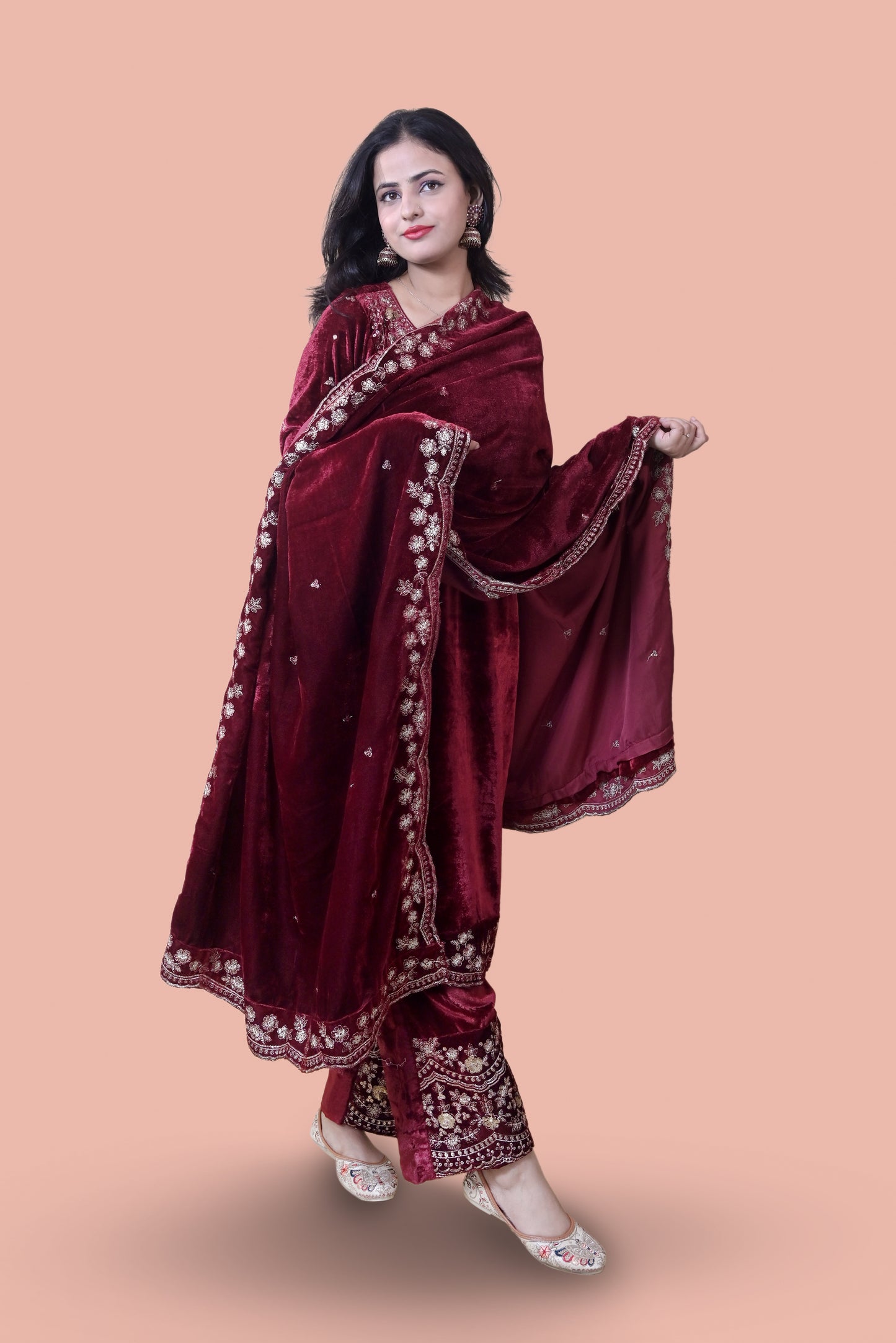 Maroon Velvet Yoke Design Kurta Set