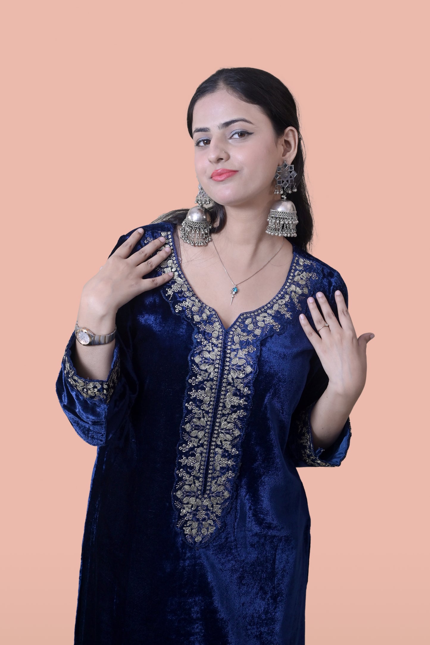Regal Navy Blue Velvet Yoke Design Kurta Set