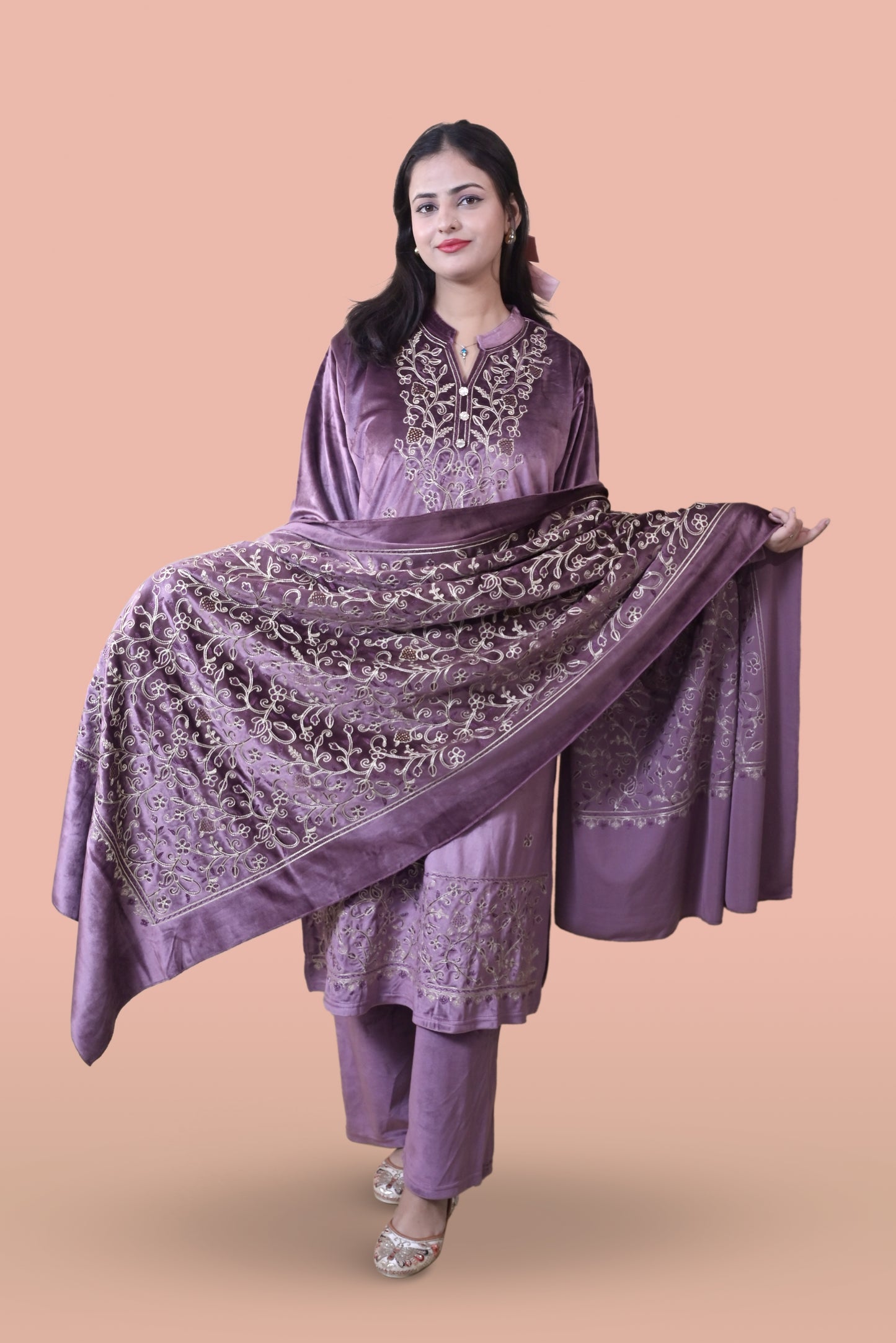 Pink Velvet Shawl Kurta Set