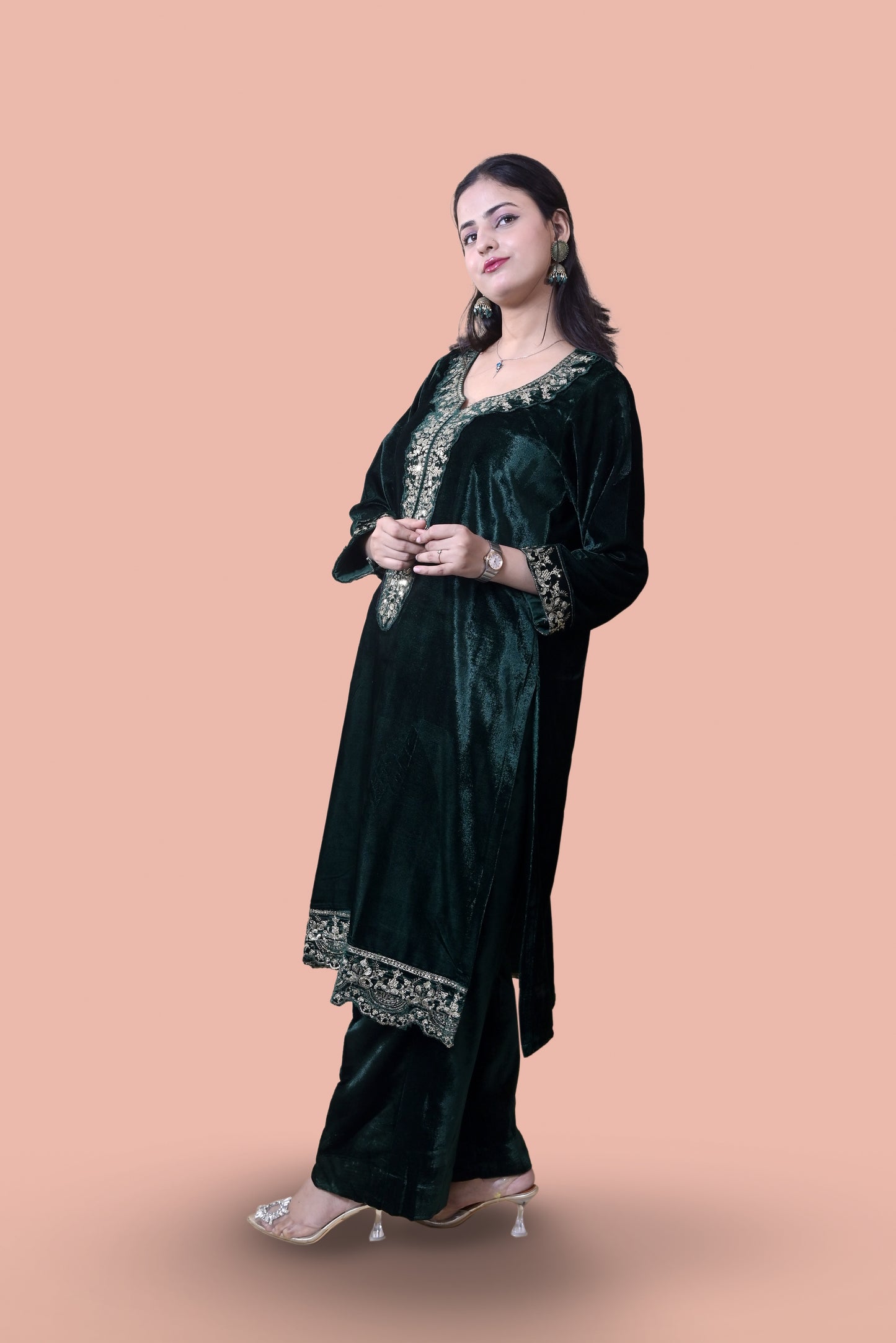 Regal Green Velvet Yoke Design Kurta Set