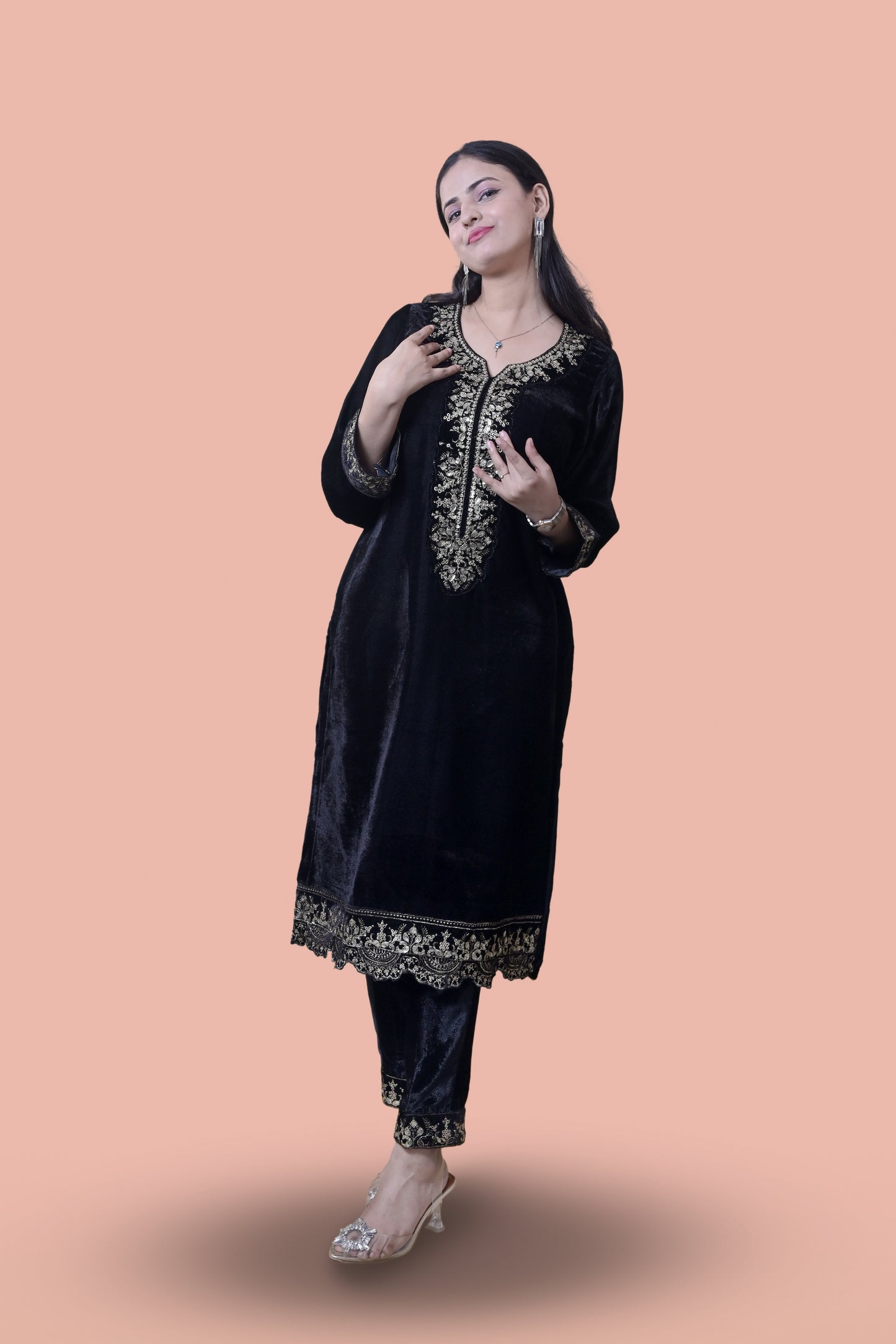Regal Black Velvet Yoke Design Kurta Set