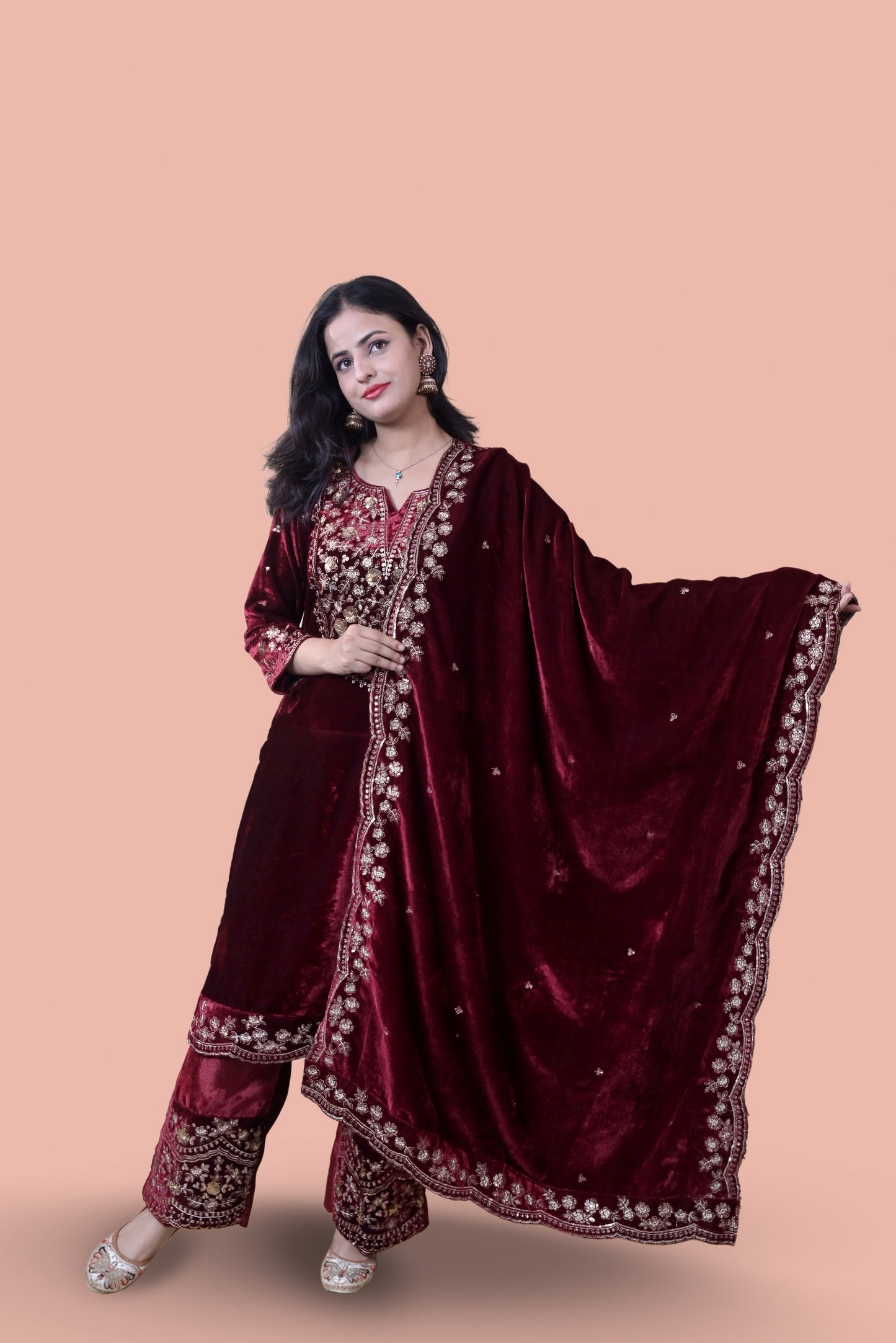 Maroon Velvet Yoke Design Kurta Set