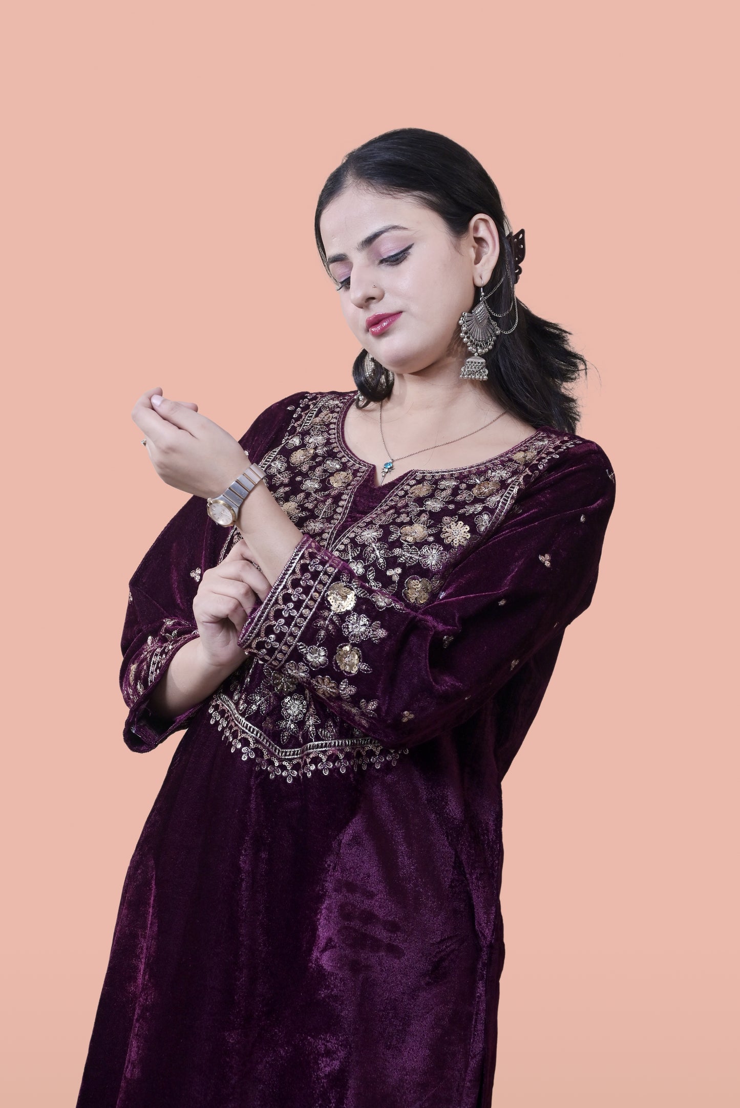 Wine Velvet Yoke Design Kurta Set