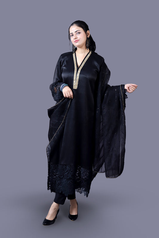 Three Piece Black Suit With Cutdana Neckline