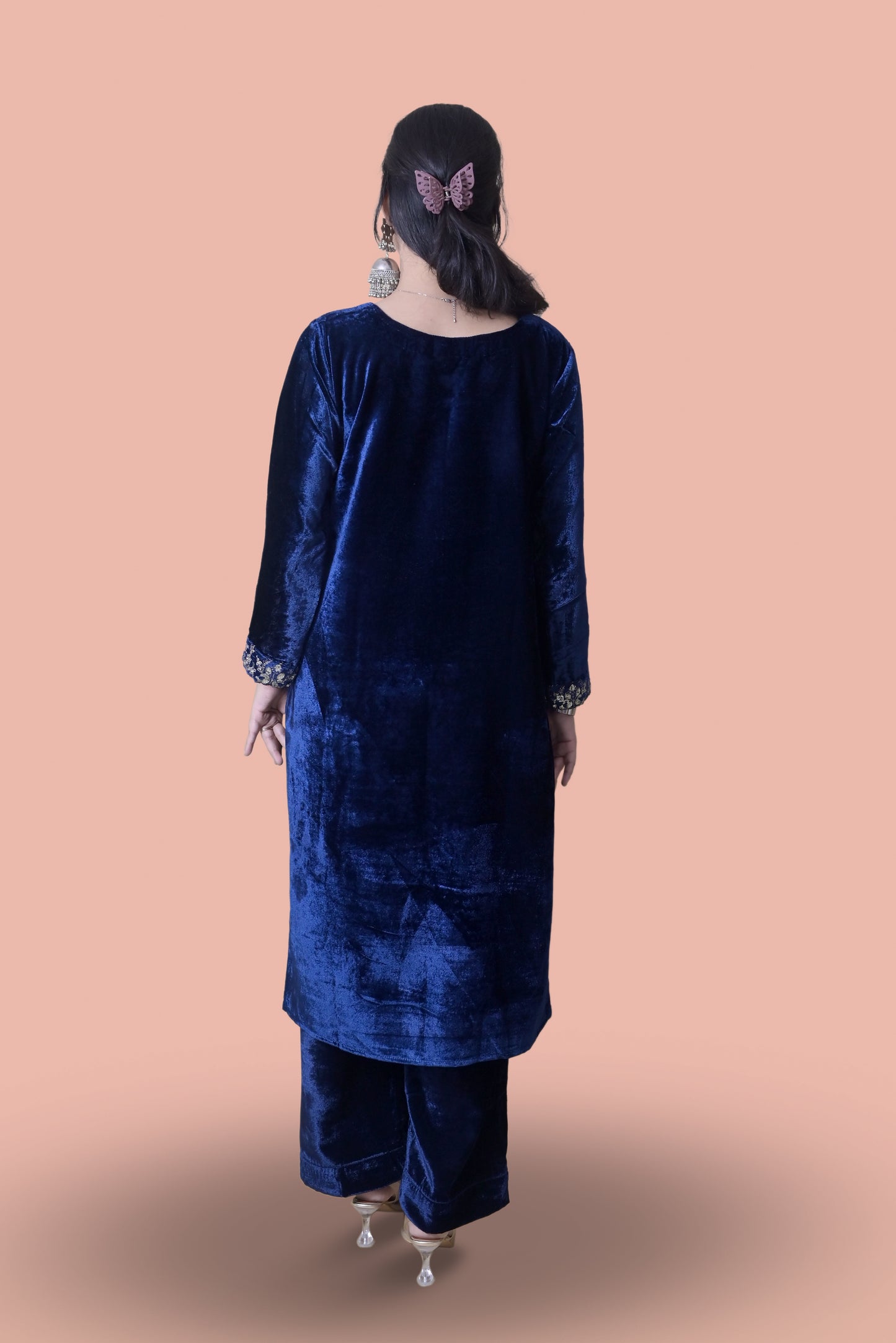 Regal Navy Blue Velvet Yoke Design Kurta Set