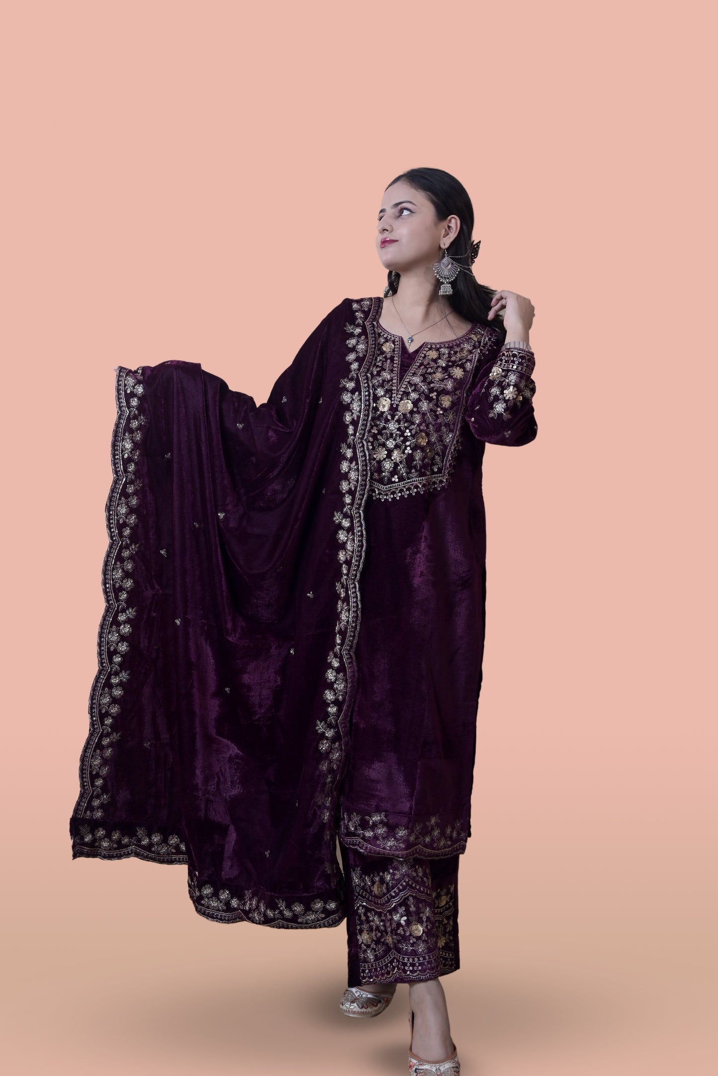Wine Velvet Yoke Design Kurta Set