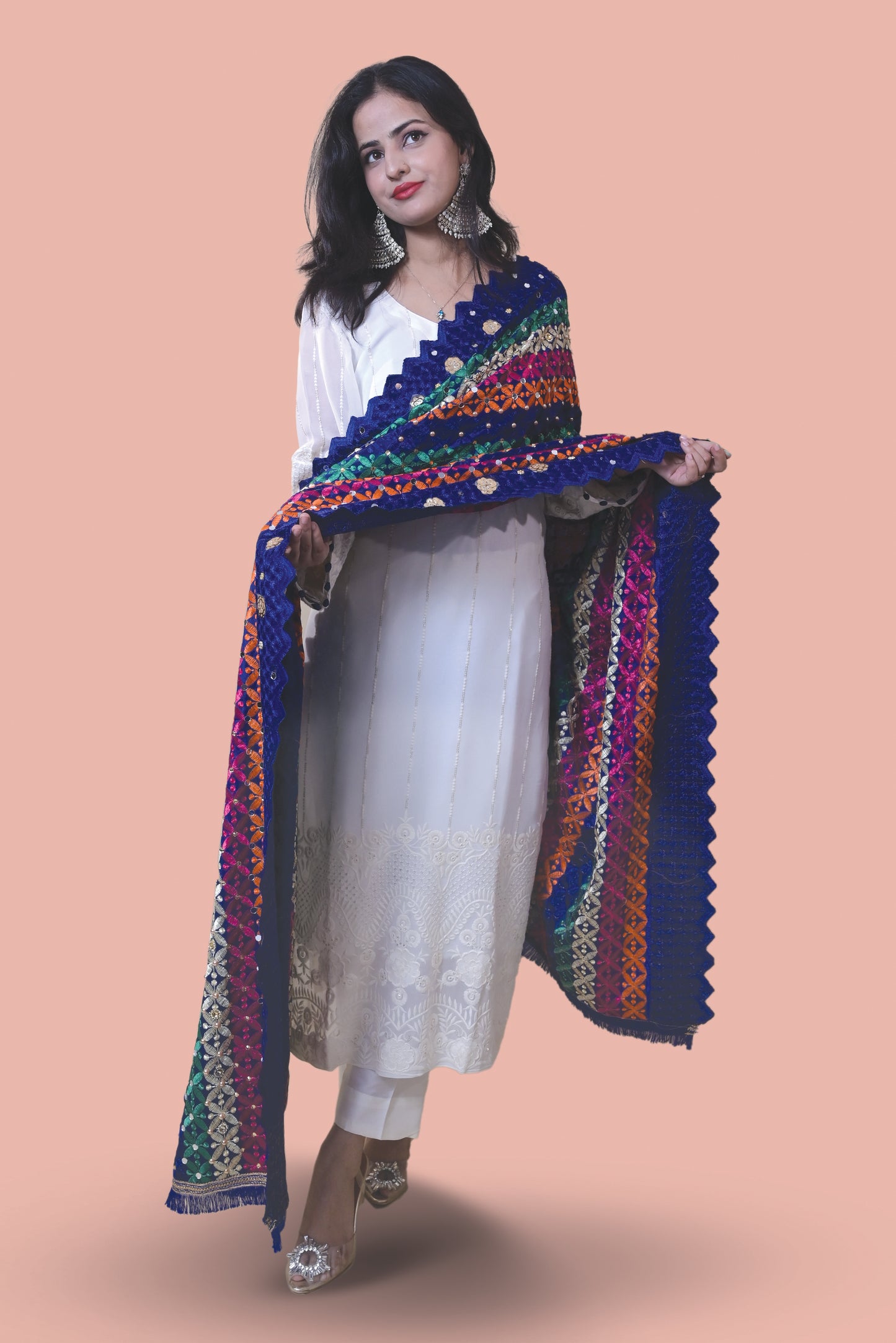 White Suit with Blue Phulkari Dupatta