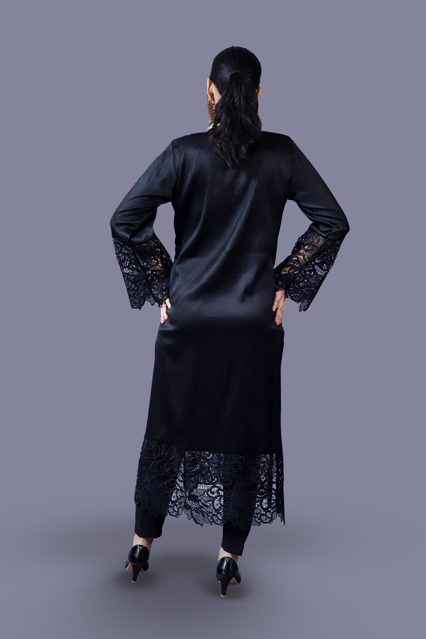 Three Piece Black Suit With Cutdana Neckline