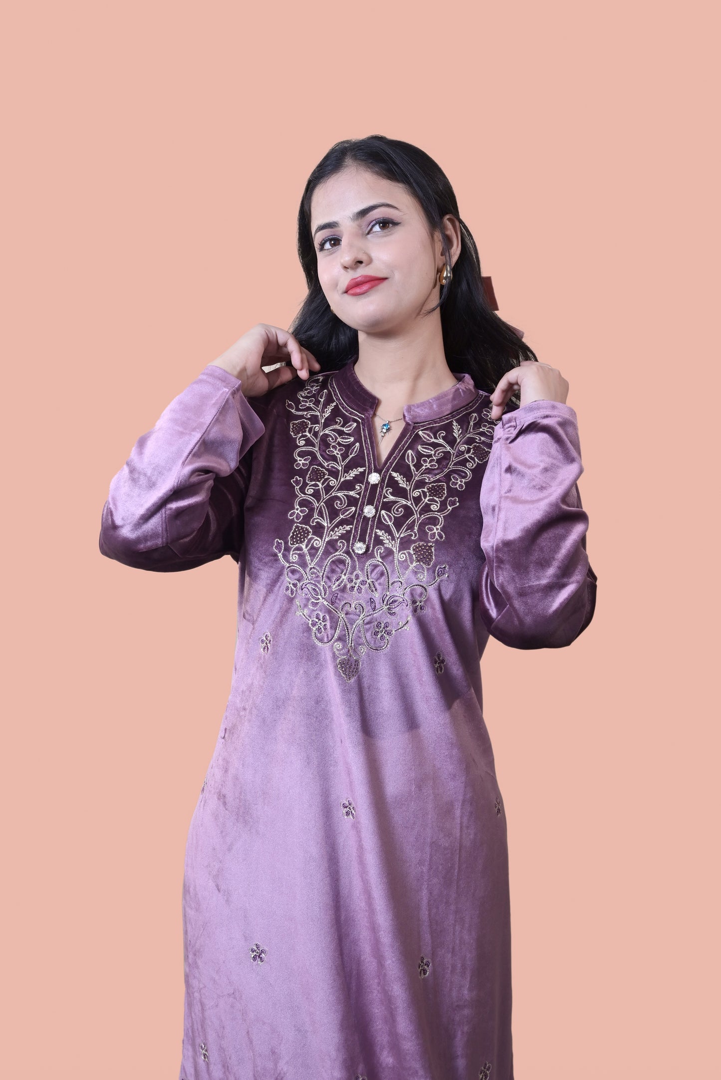 Pink Velvet Shawl Kurta Set
