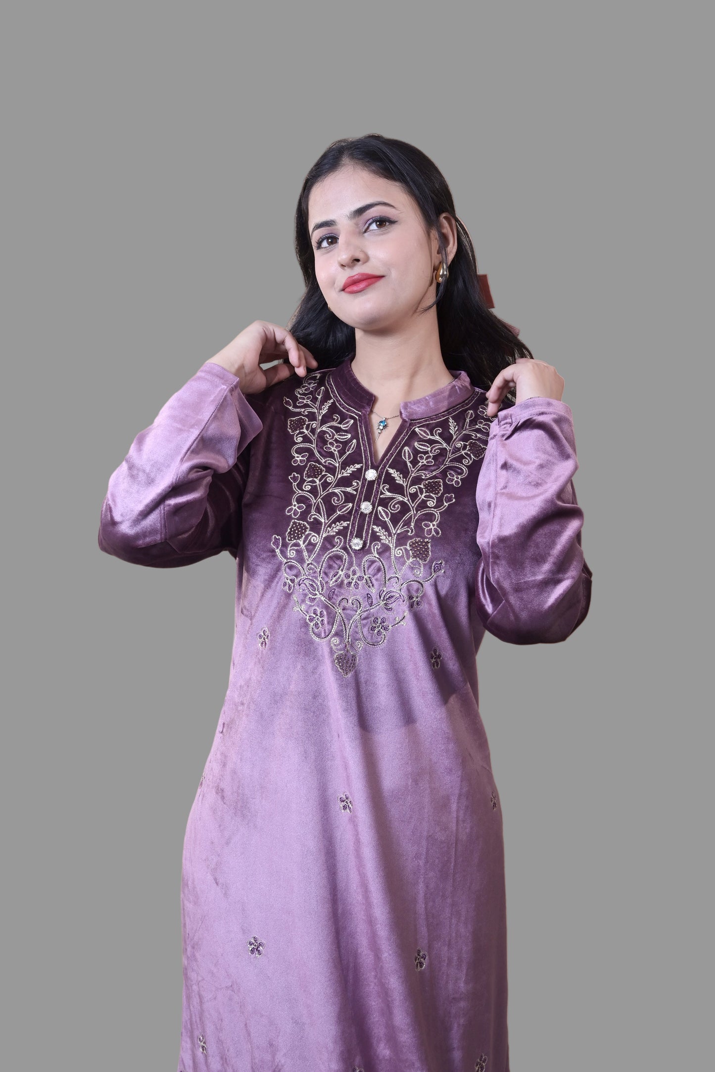 Pink Velvet Shawl Kurta Set