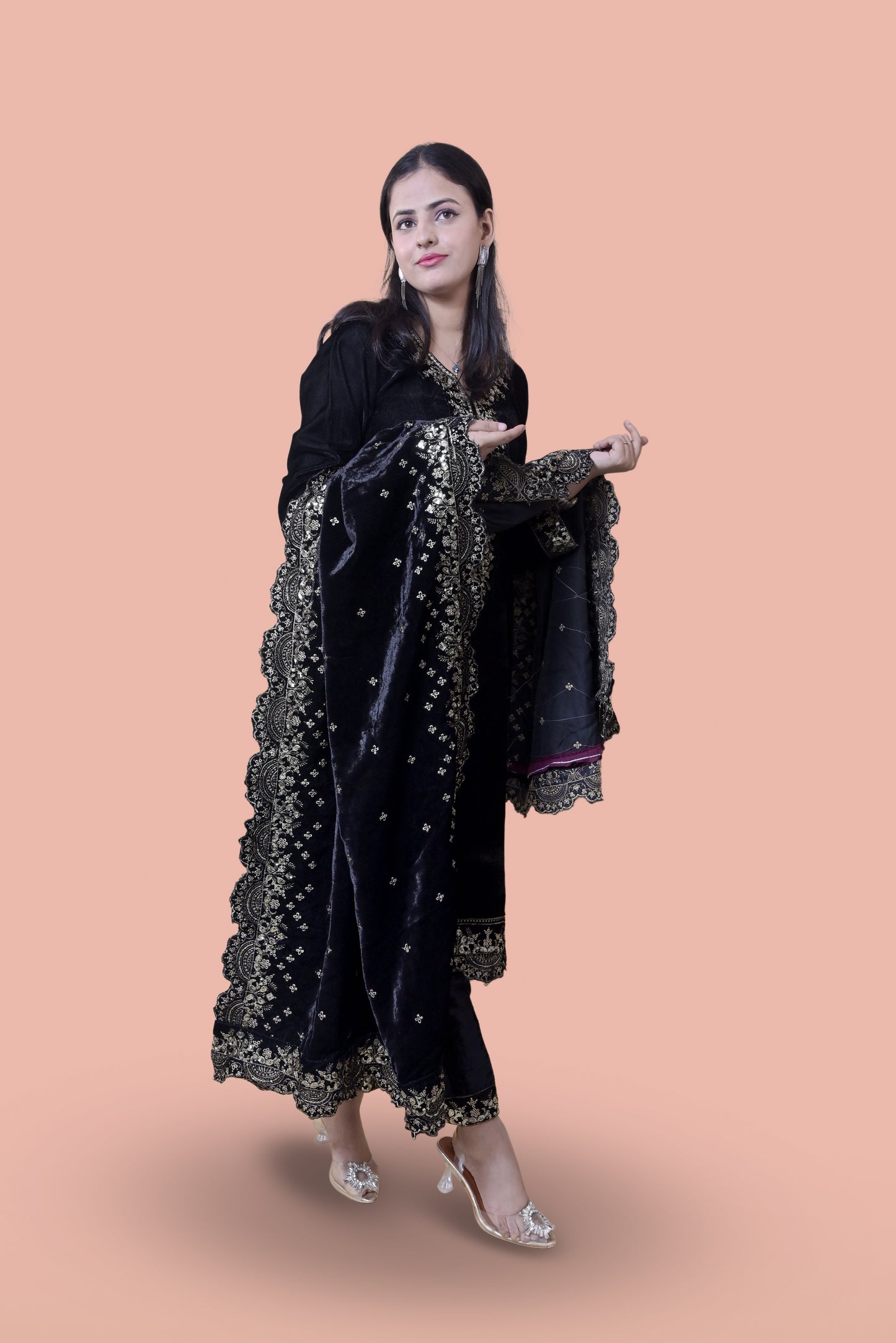 Regal Black Velvet Yoke Design Kurta Set