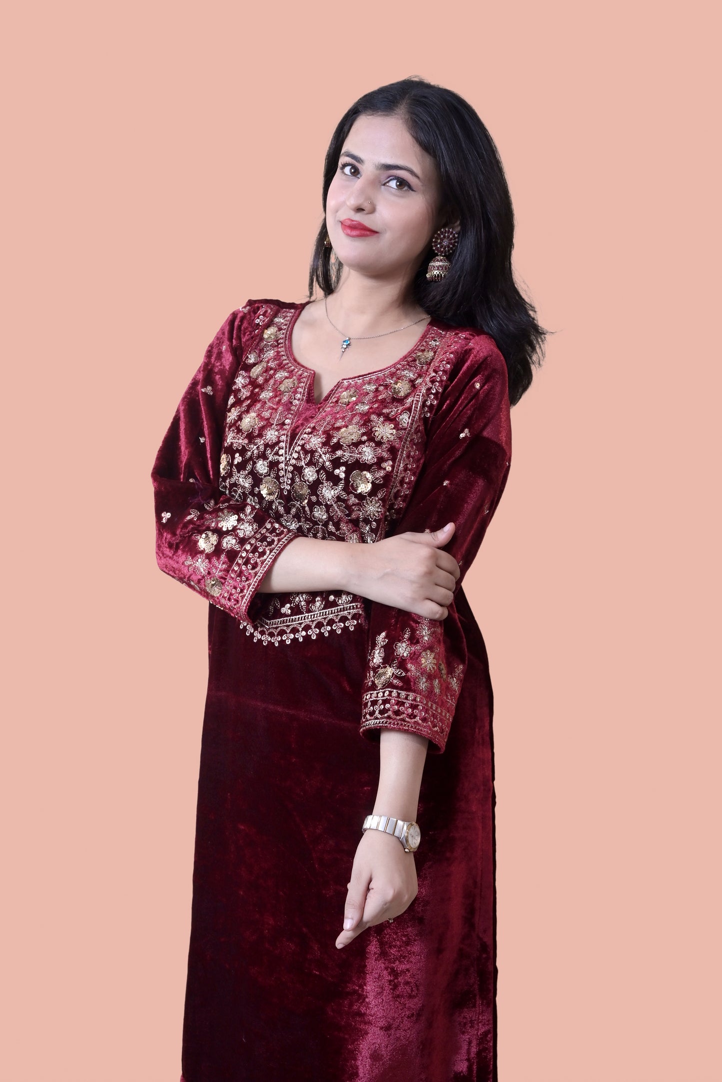 Maroon Velvet Yoke Design Kurta Set