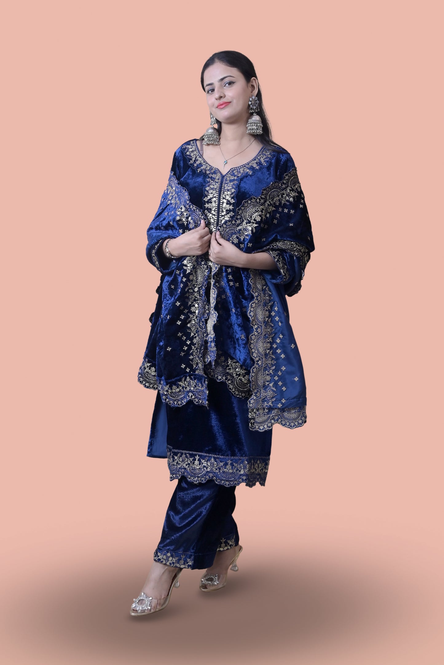 Regal Navy Blue Velvet Yoke Design Kurta Set