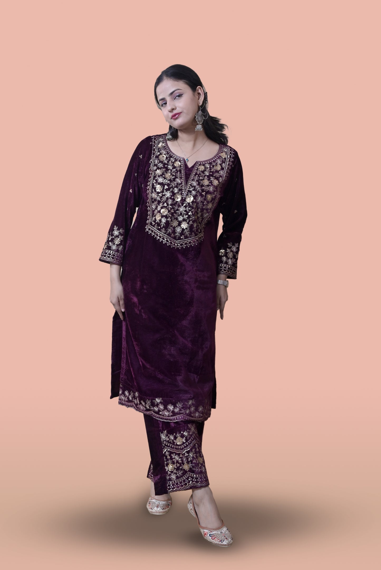 Wine Velvet Yoke Design Kurta Set
