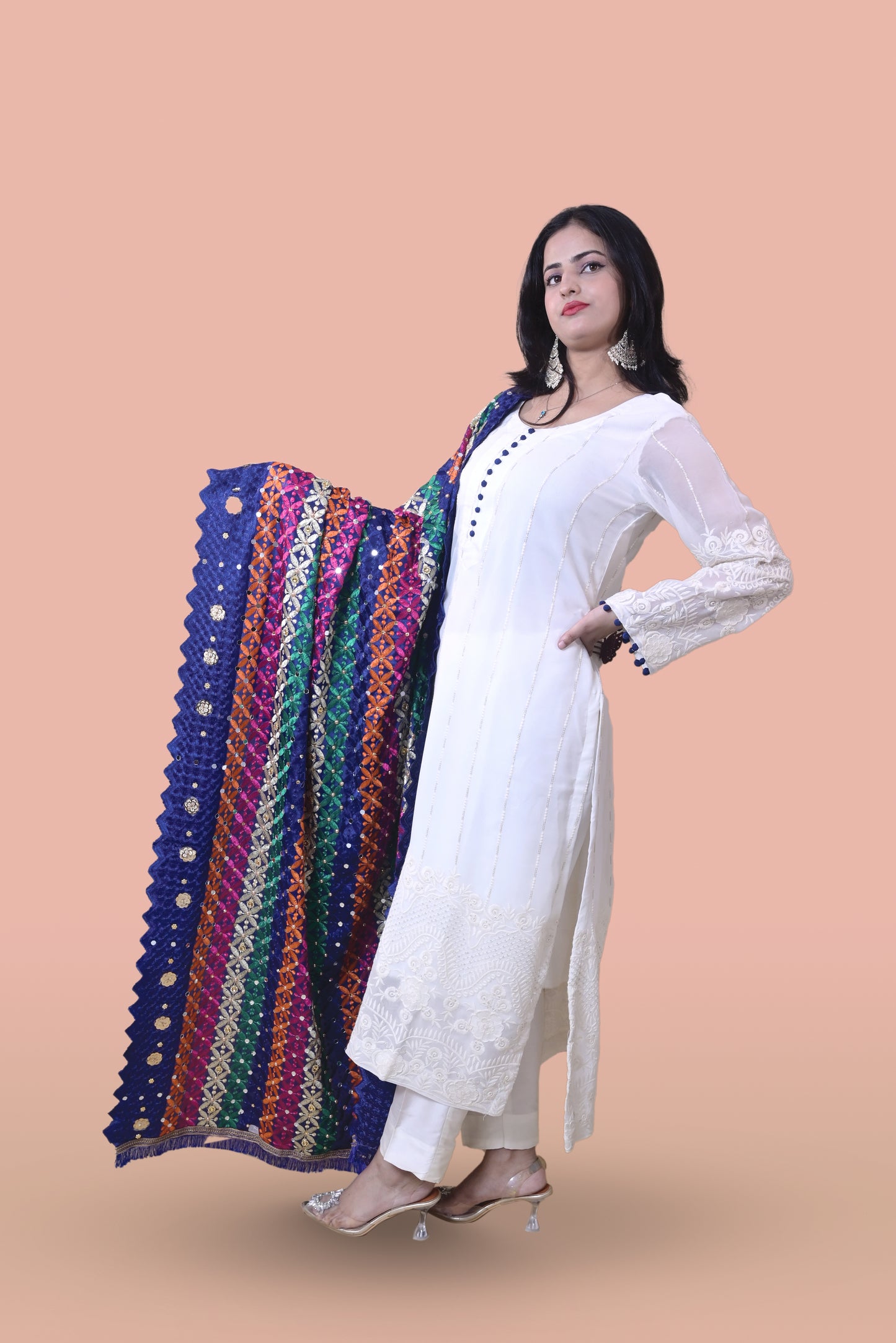 White Suit with Blue Phulkari Dupatta