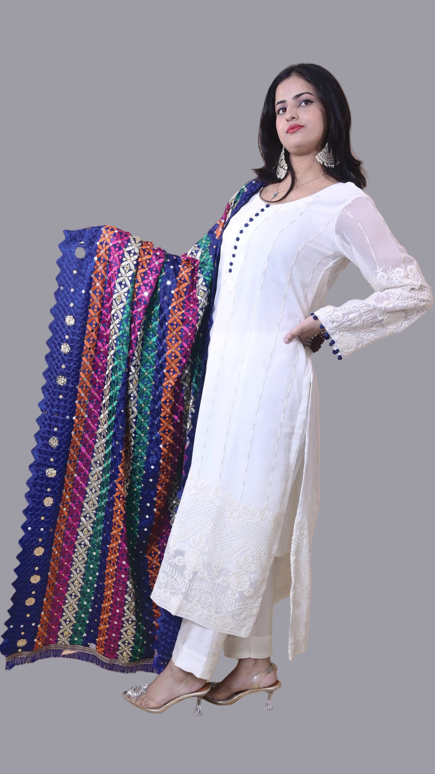 White Suit with Blue Phulkari Dupatta
