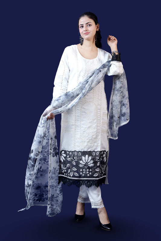 OFF WHITE SILK BLEND SUIT DUPATTA SET