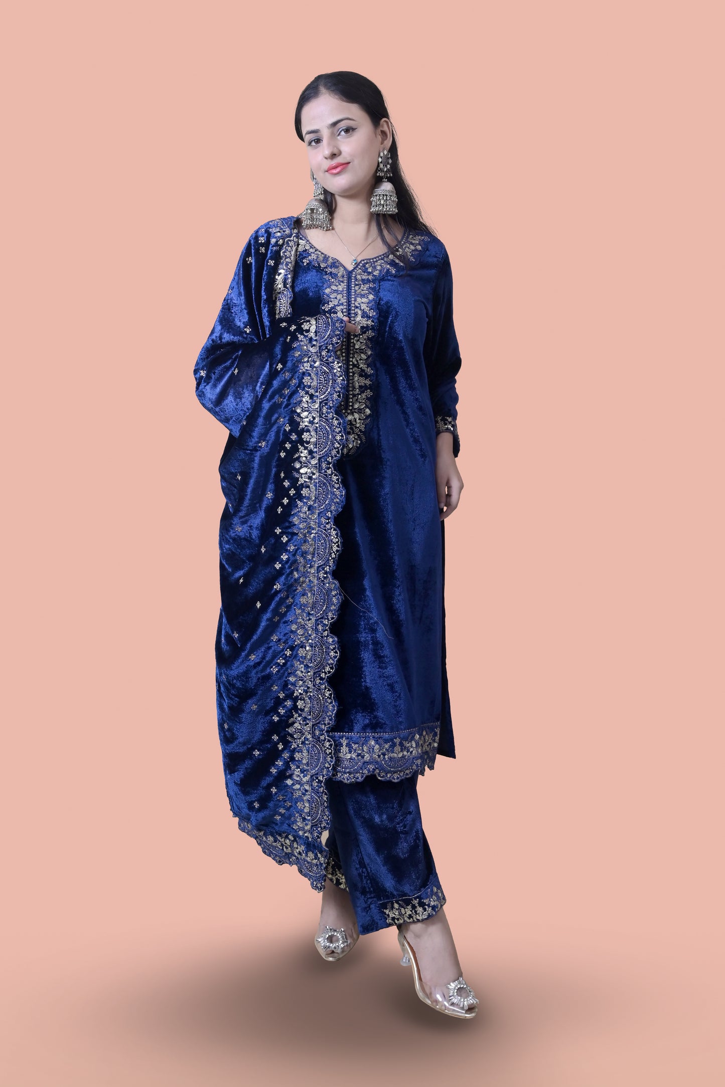 Regal Navy Blue Velvet Yoke Design Kurta Set