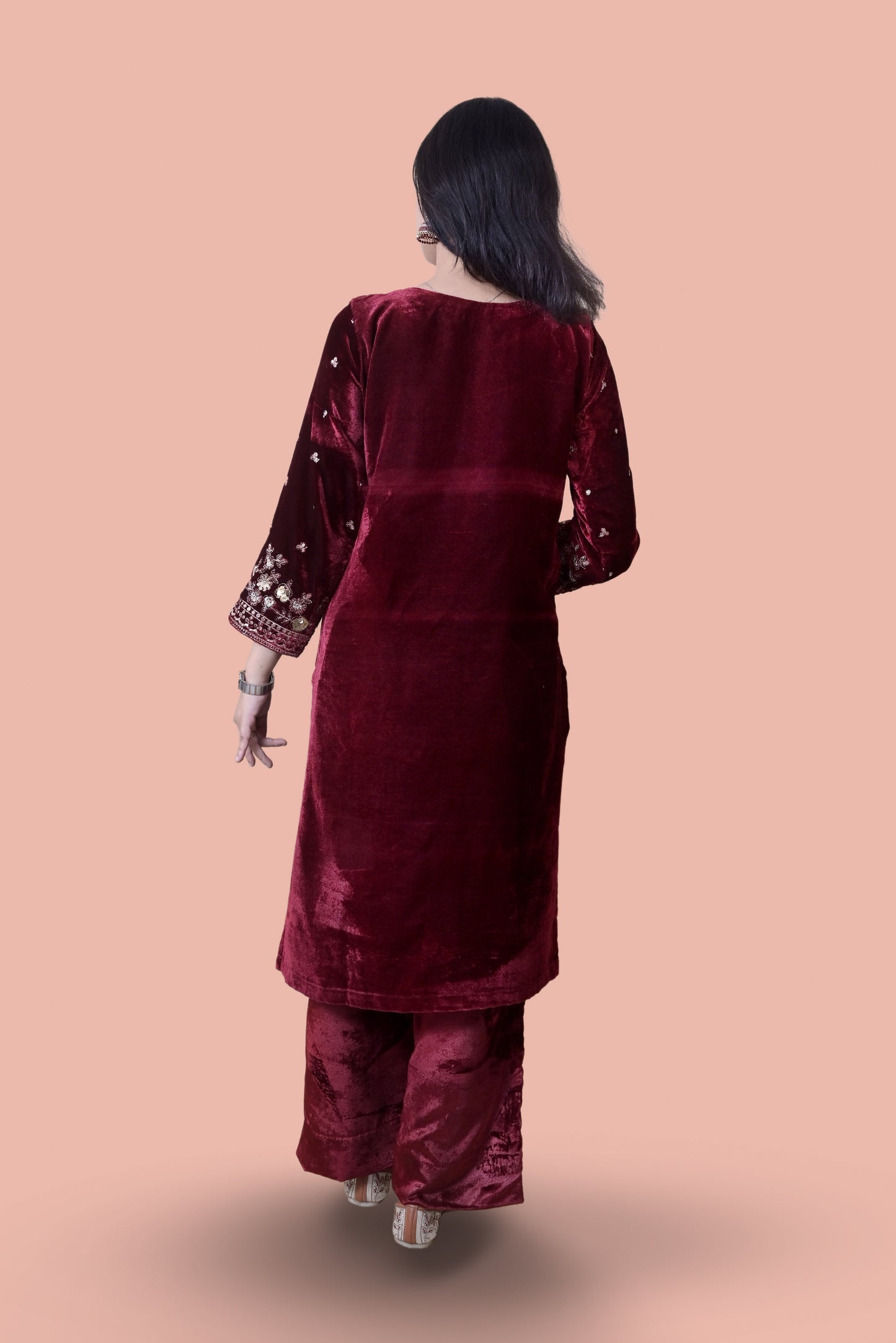 Maroon Velvet Yoke Design Kurta Set