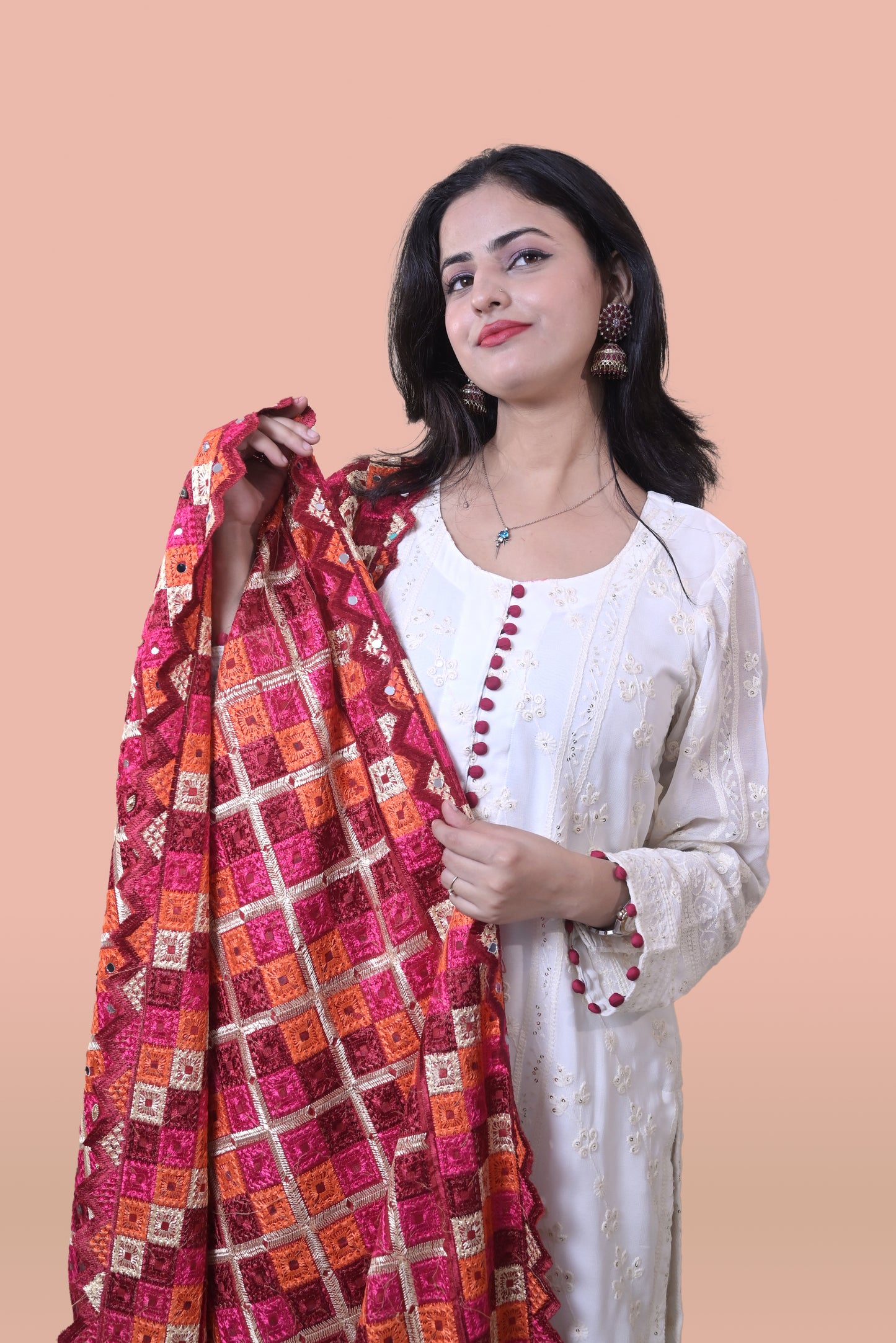 White Suit with Red Phulkari Dupatta