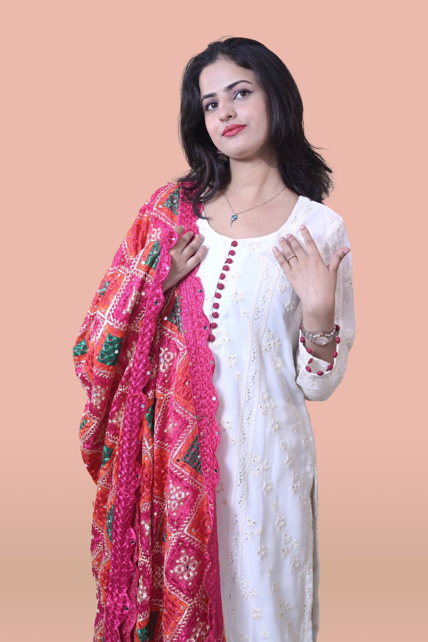 White Suit with Magenta Phulkari Dupatta