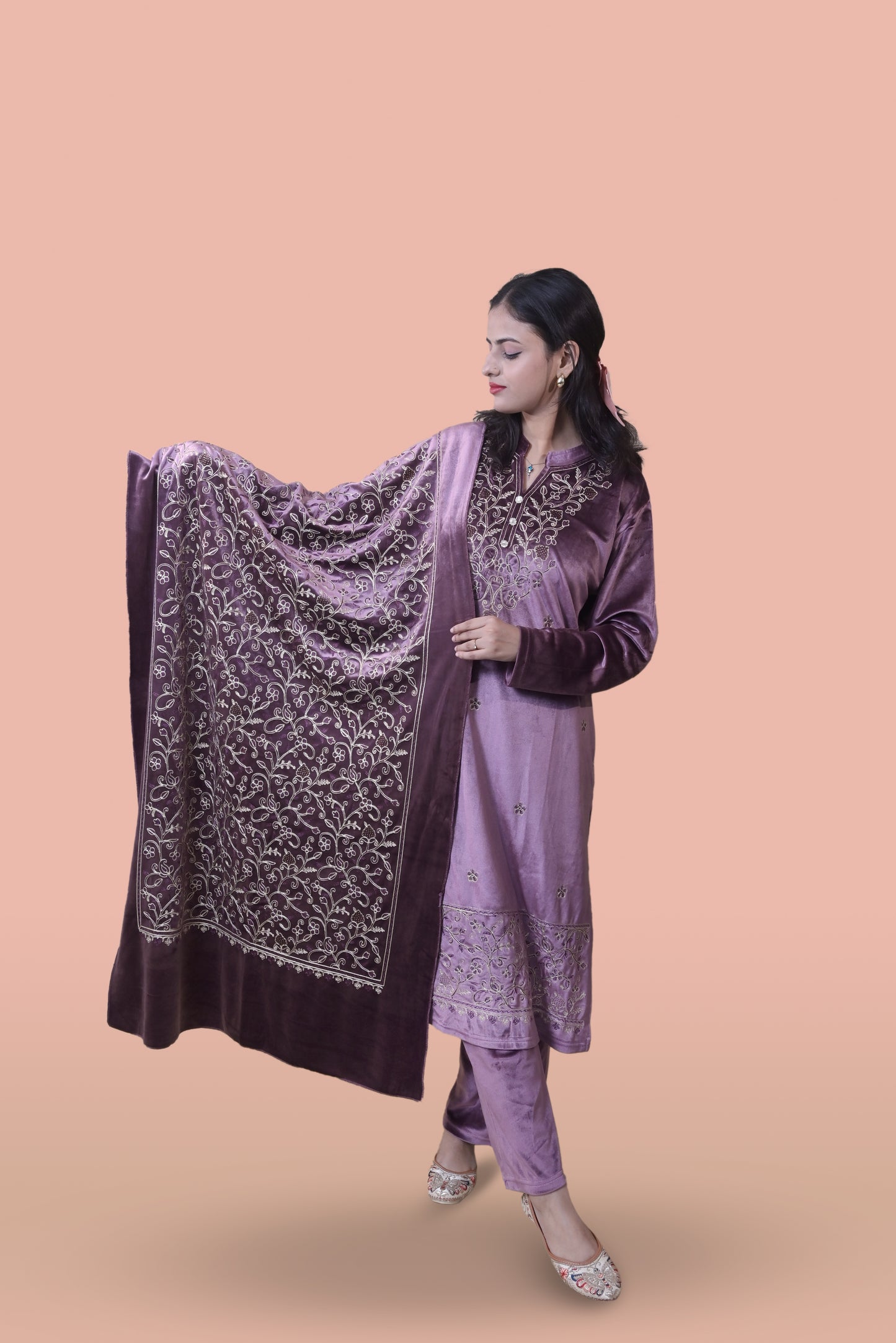 Pink Velvet Shawl Kurta Set