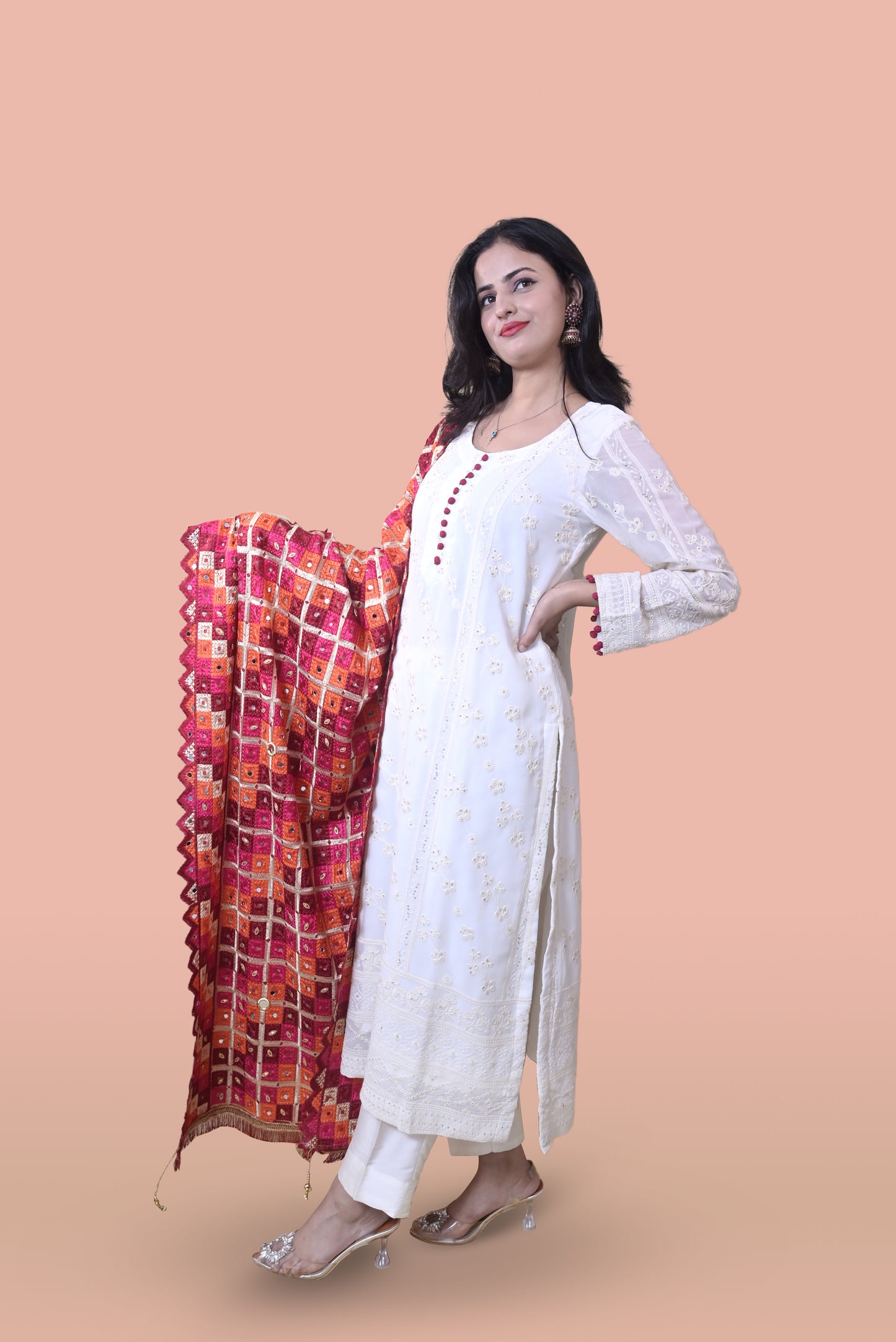 White Suit with Red Phulkari Dupatta