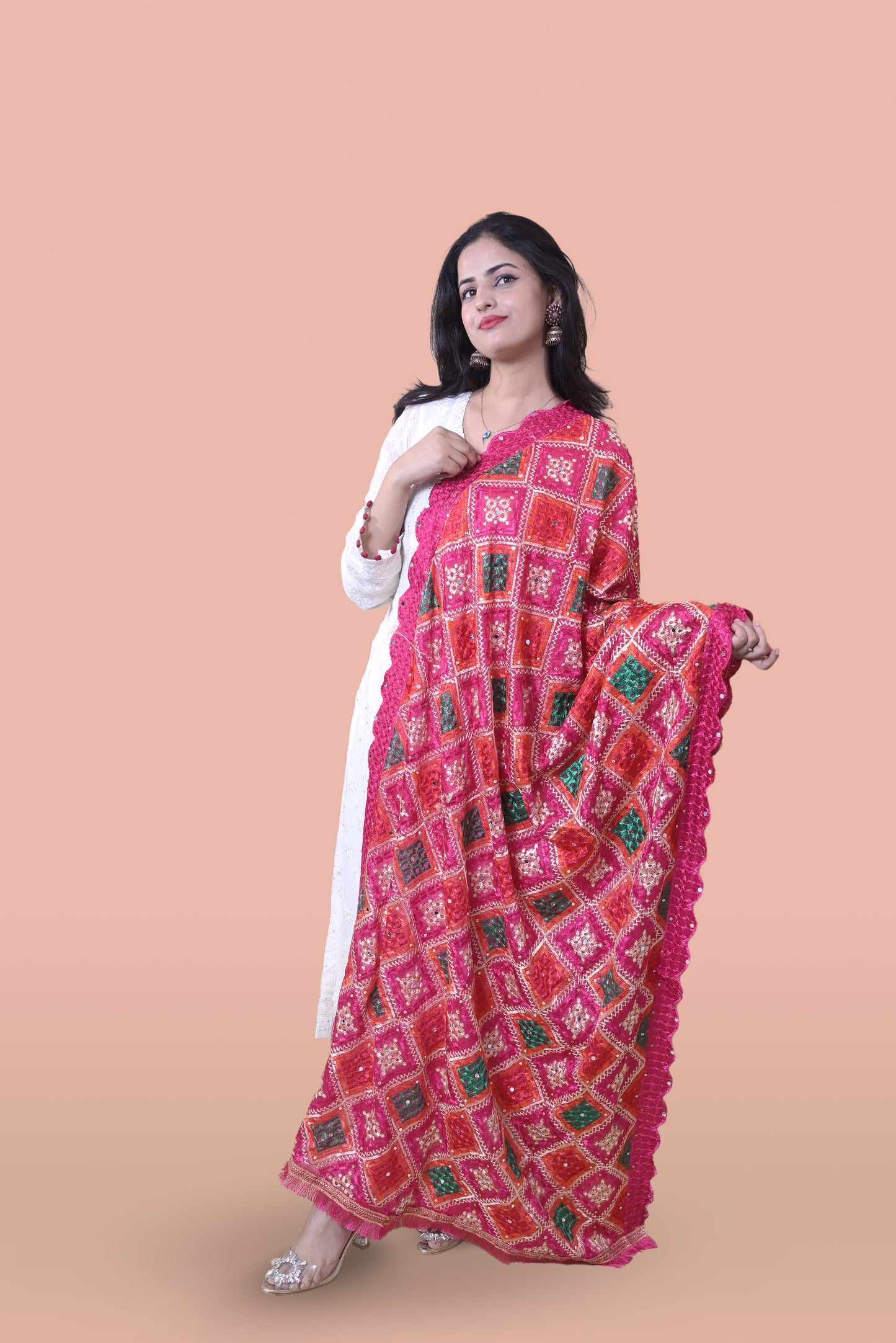 White Suit with Magenta Phulkari Dupatta