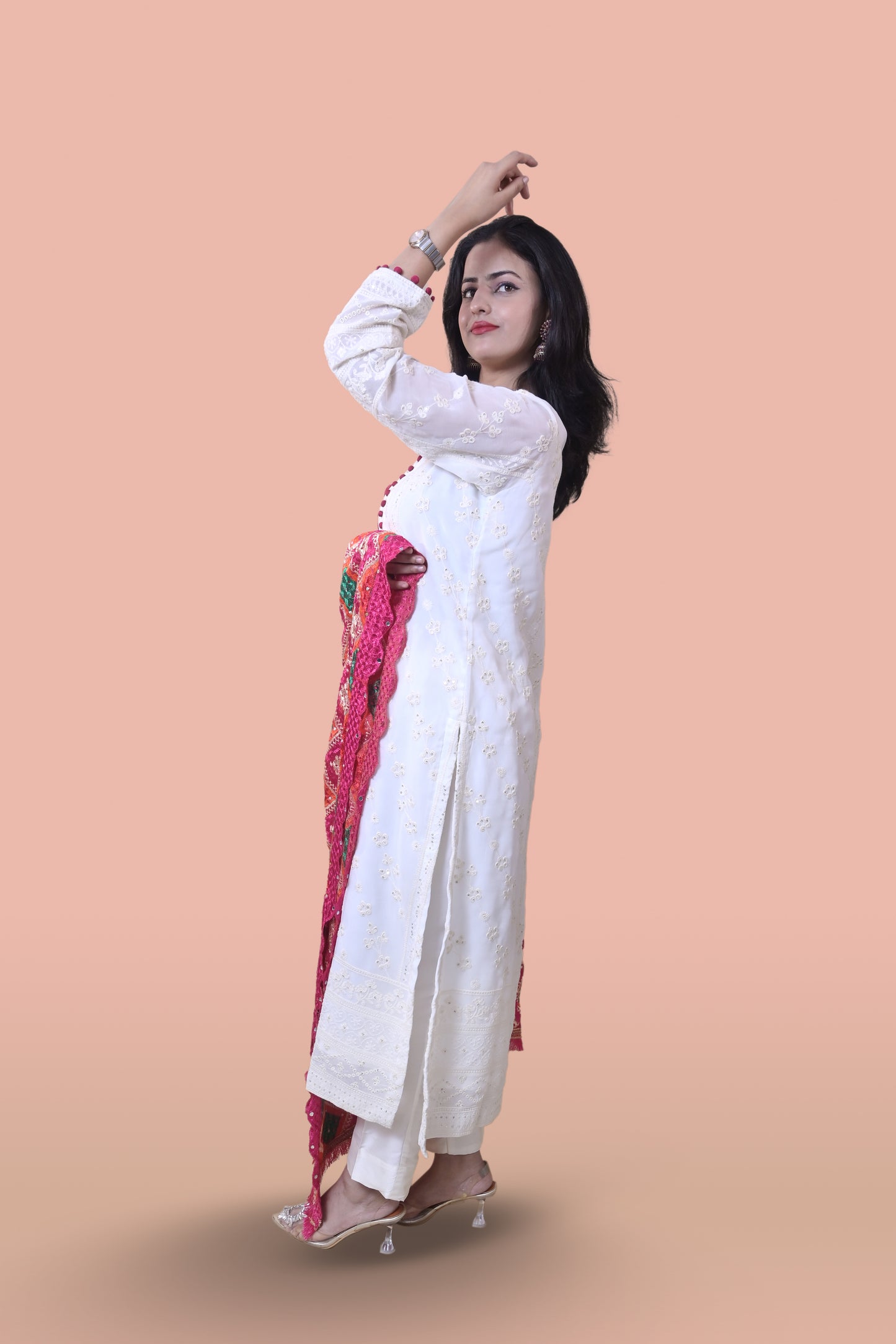 White Suit with Magenta Phulkari Dupatta