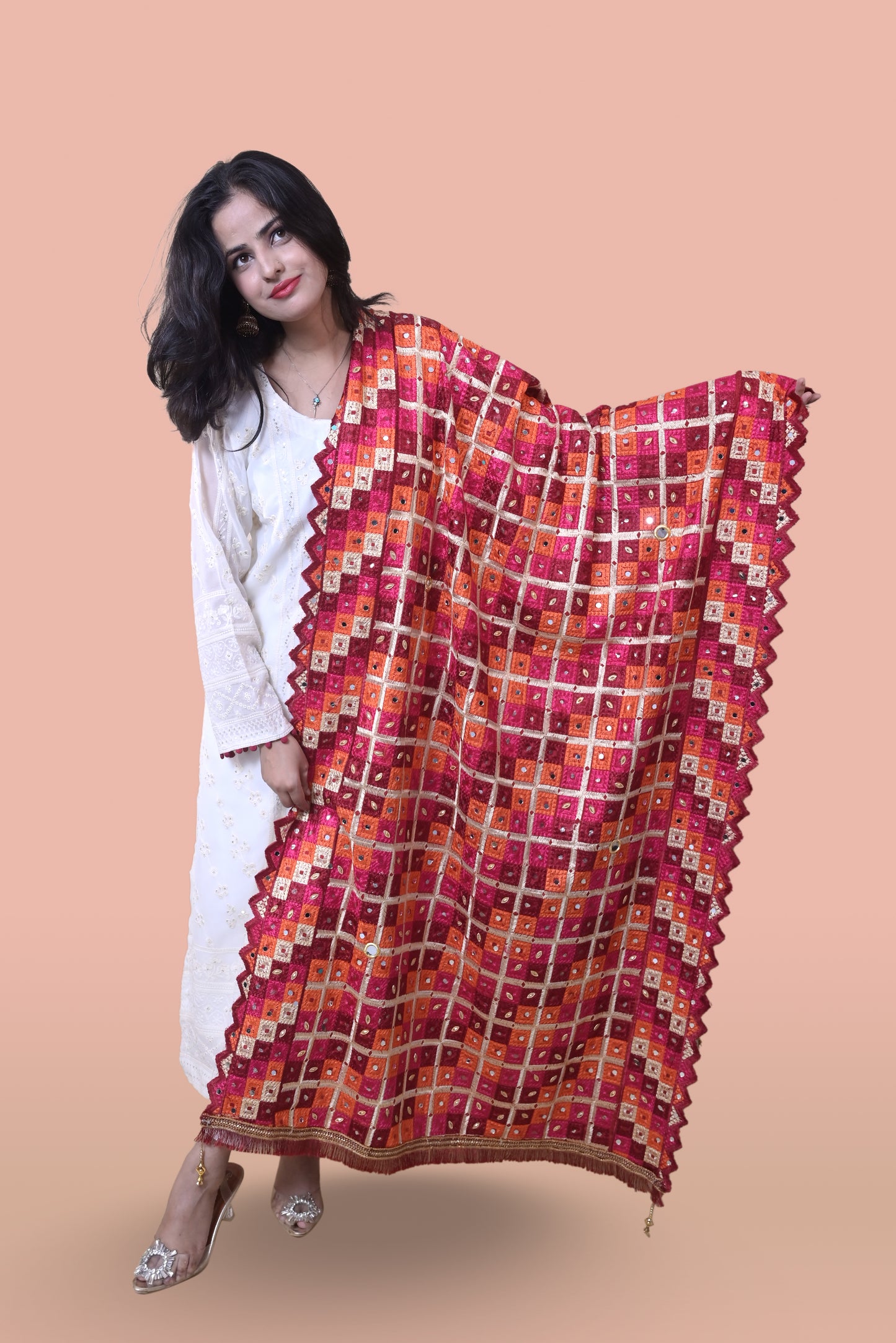 White Suit with Red Phulkari Dupatta