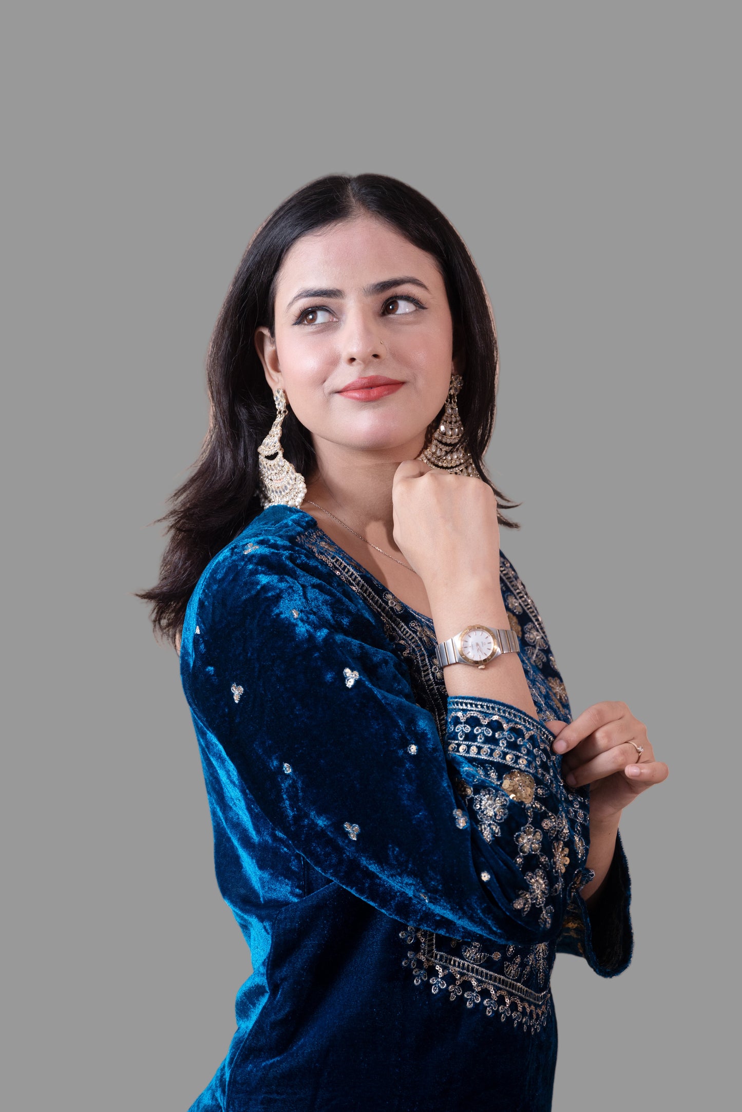 Teal Blue Velvet Yoke Design Kurta Set