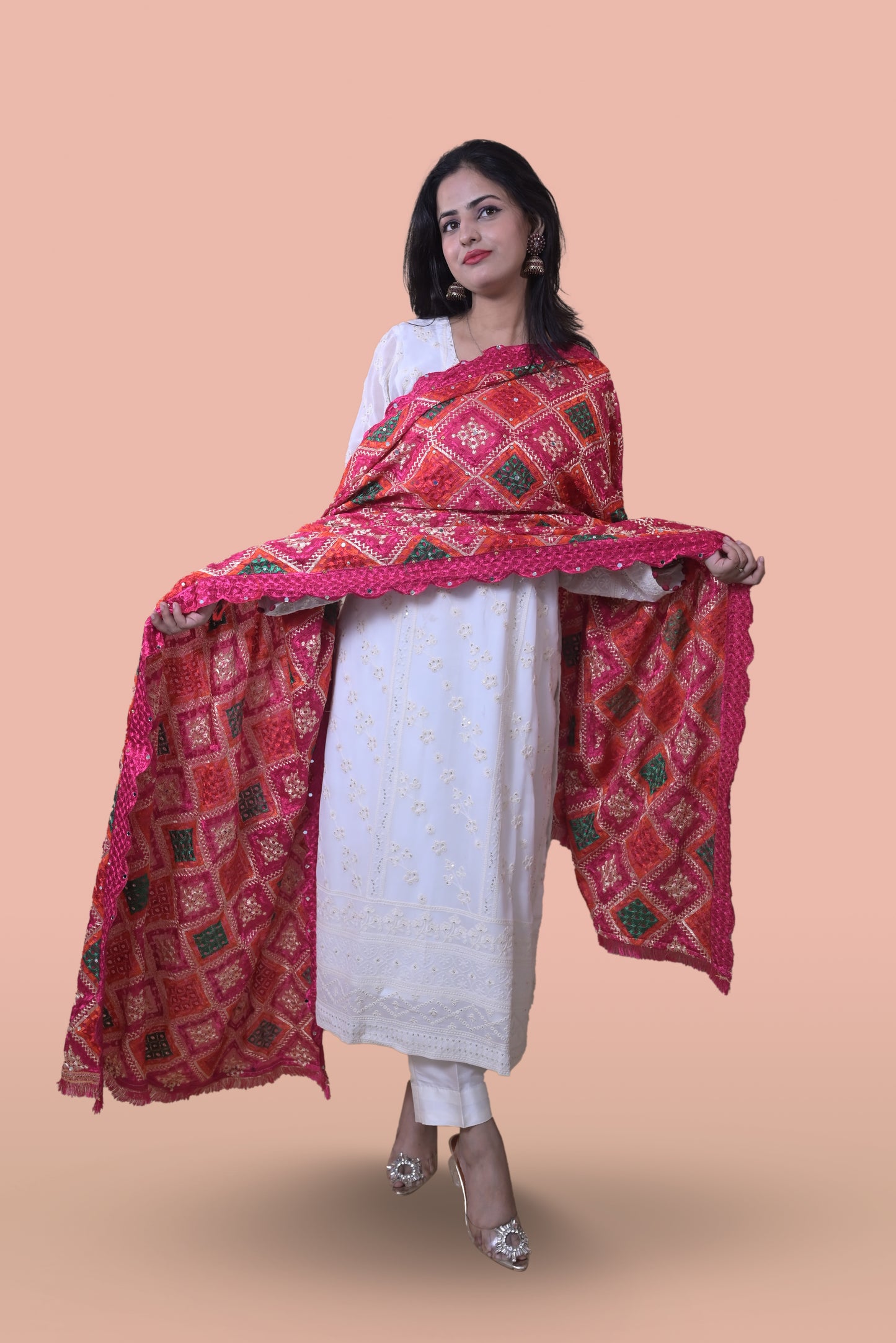 White Suit with Magenta Phulkari Dupatta