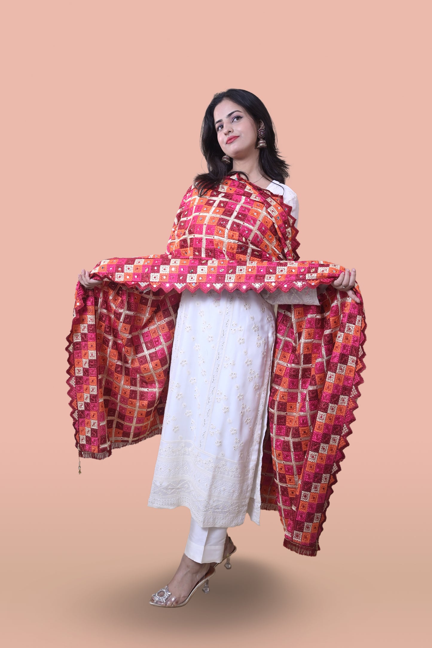 White Suit with Red Phulkari Dupatta