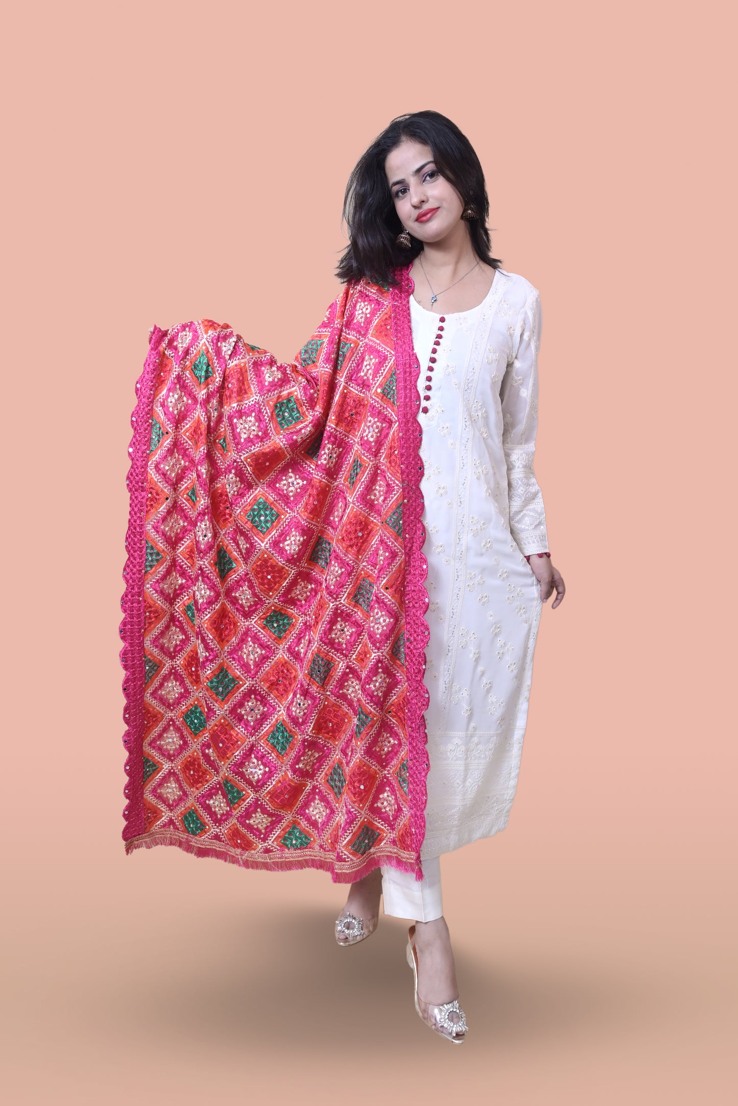 White Suit with Magenta Phulkari Dupatta