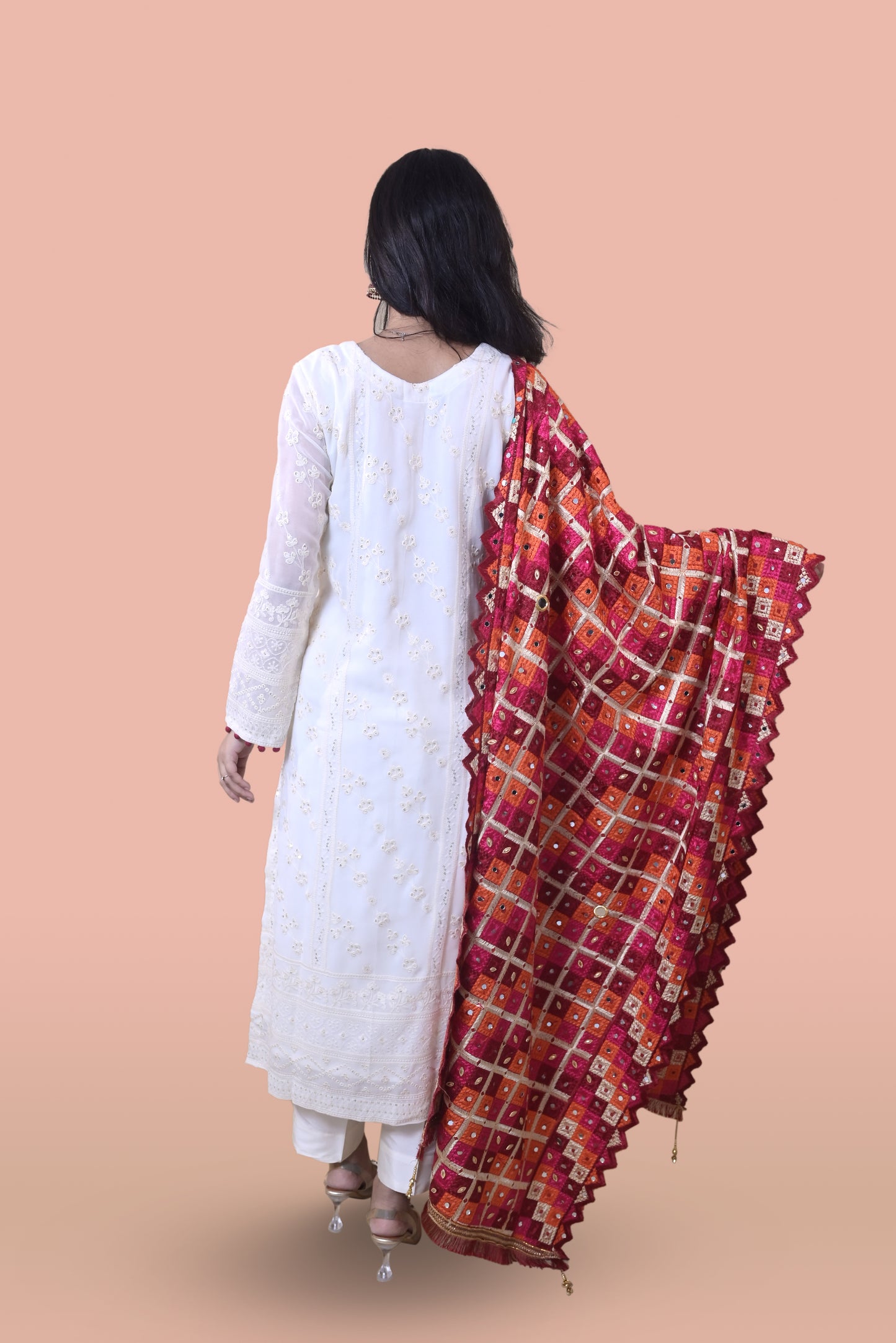 White Suit with Red Phulkari Dupatta